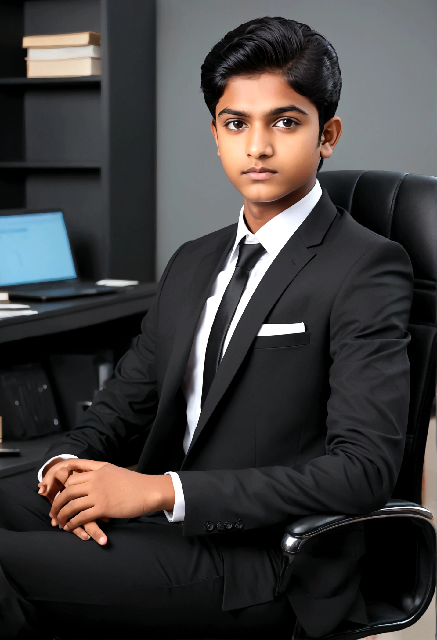 a 17 years old Indian bihari man, honey skin, short black hair, wearing black suit & pant, sitting on black office chair, image fill, best quality, 1080P, HD, 16k, super detail