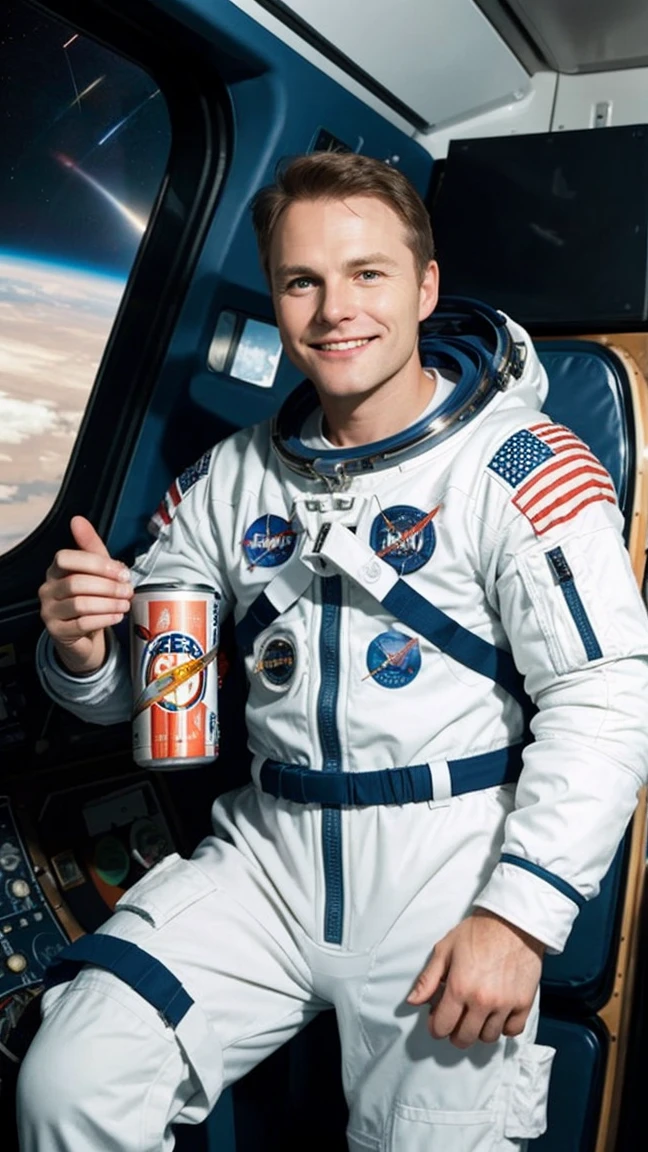 Create an image of astronaut John Glenn in his space suit holding a can of Pringles. Show him smiling and ready to enjoy the snack. The background should feature the interior of a spaceship with control panels and a window showing a view of space.