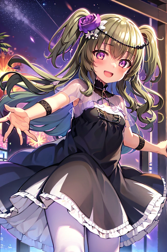 Himari Mei, masterpiece, loli, cute, flat chest, cute and shy smile, highly detailed sparkling brilliant purple eyes, open mouth slightly, standing in summer night,black dress, perfect body, detailed hands, detailed fireworks in the sky, outstretched arms for viewer