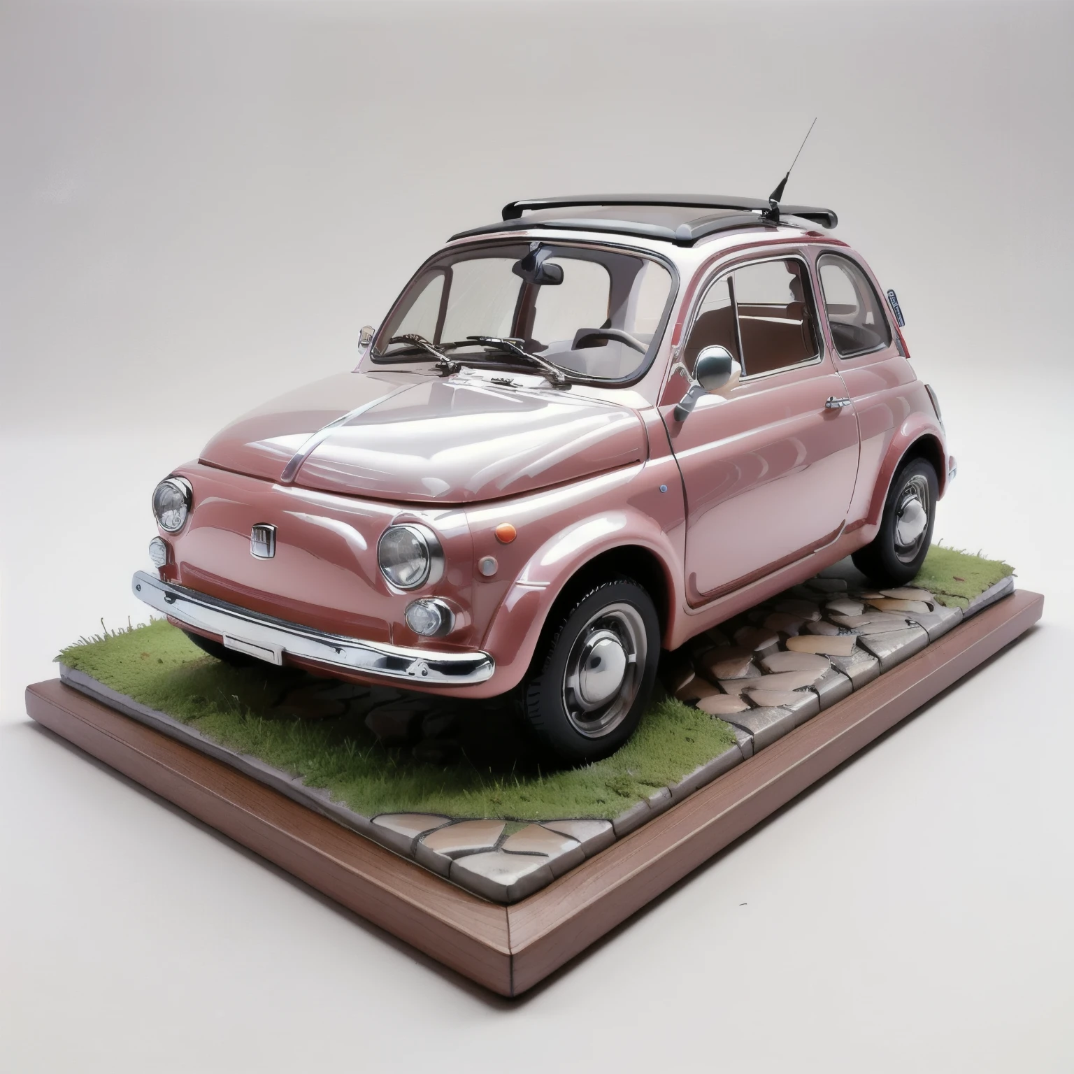 (masterpiece,Highest quality,Highest quality),Fiat 500 plastic model,Isometric 3D diorama,Gentle lighting,Landscape diorama,the way,wood