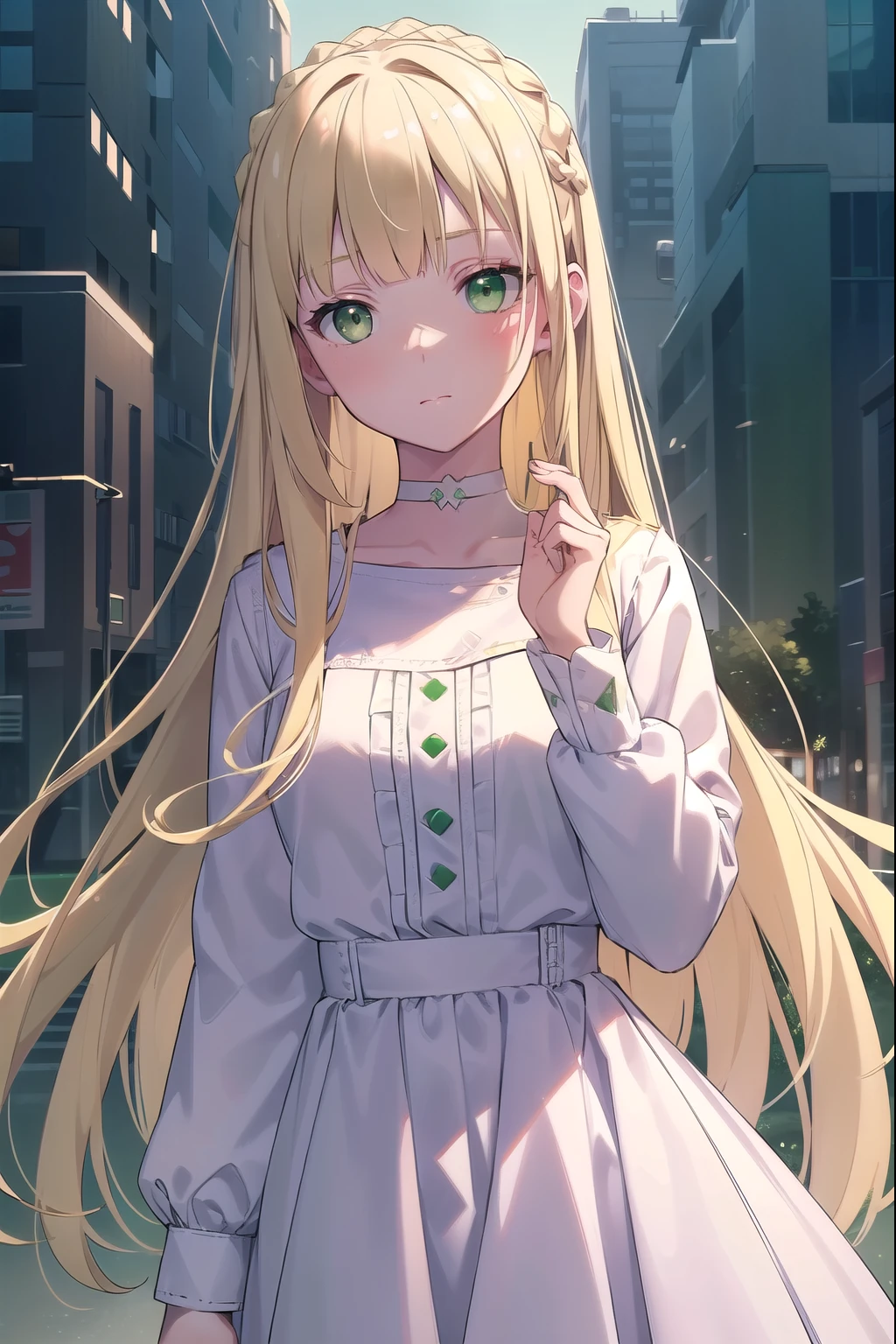 Blonde Hair, choker, (Green Eyes:1.5), Long Hair, dress, skirt, blush, blush stickers, Have, (White clothes:1.5), break looking at viewer, break outdoors, city, break (masterpiece:1.2), highest quality, High resolution, unity 8k wallpaper, (figure:0.8), (Beautiful fine details:1.6), Highly detailed face, Perfect lighting, Highly detailed CG, (Perfect hands, Perfect Anatomy),