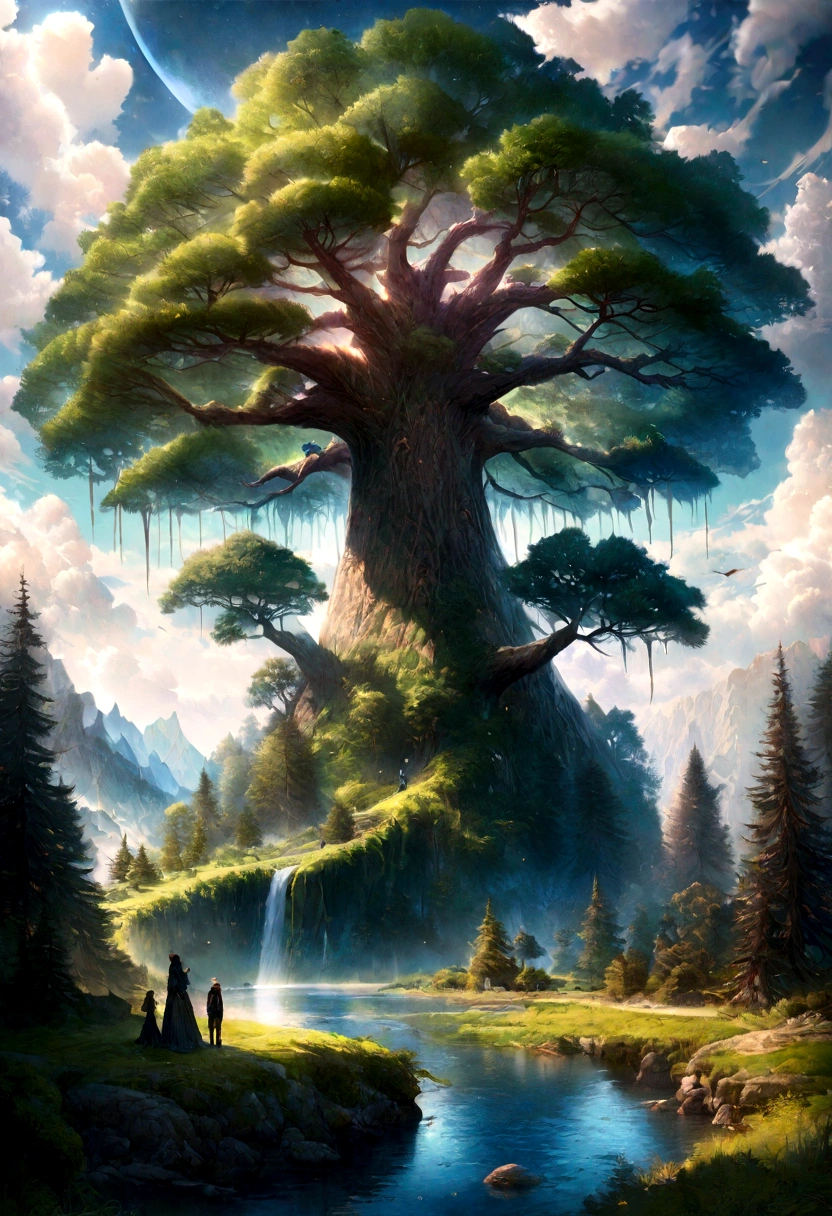 Ultra-realistic illustrations, Otherworldly, Super celestial scene with full length giant crystal tree, Very detailed and magical lighting, Intricate forest details, Surrounding vegetation and river, Sunny Punk, landscape, Giant Tree, A beautiful deciduous tree with beautiful lighting and realistic proportions, Like a movie background, 8K, Highest quality, masterpiece, Sky with clouds and stars.