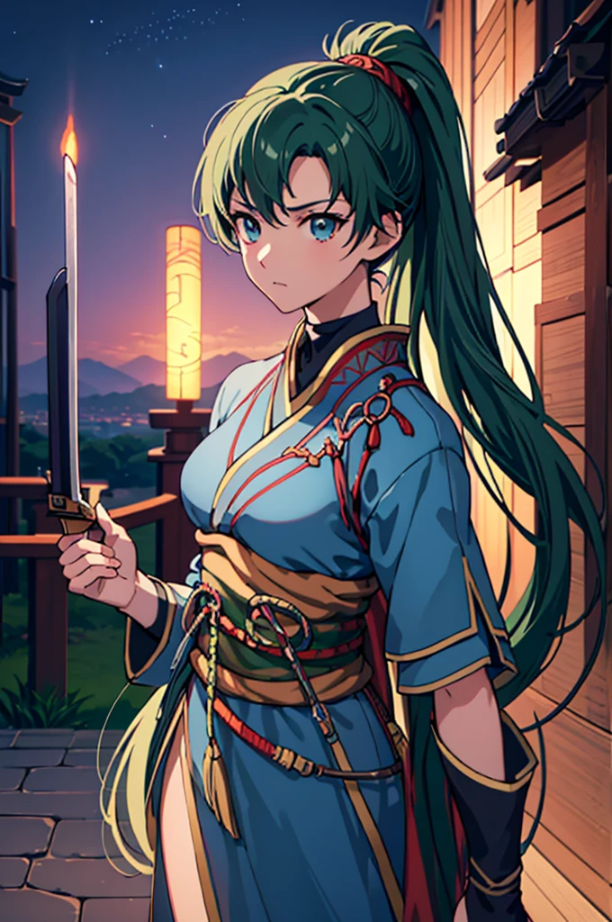 Highest quality, masterpiece, High resolution, alone, （Fire Emblem Ayla），（Fire Emblem: Genealogy of the Holy War），（Half Up_Hairstyle），Long sword，kimono、Nothing，（Armor‗Japan），（Roaring‗Facial Expressions），（Jinhaori），Evening sky_background，Young Girl，Anime Style, Highest quality, 4K, masterpiece,， alone, 1,whole body，looking at the camera, Shinkai Makoto style, （black_Hair Color）Sharp Eyes，（Full Finger）, （Accurate fingertips）, （The finer details）, （Anatomically correct）, (映画のbackground), Hyper Detail, (Subtle details), (Intricate details),