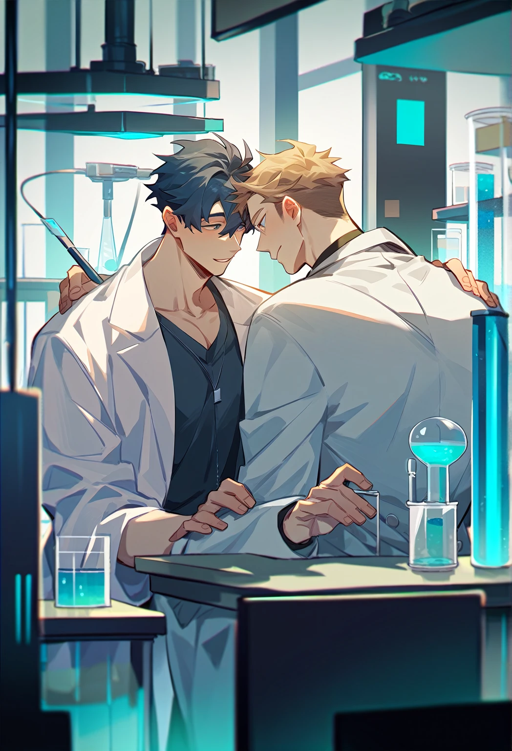 2boys, male focus, multiple boys, yaoi, couple, scientists, laboratory, lab coats, looking at a clip board together 