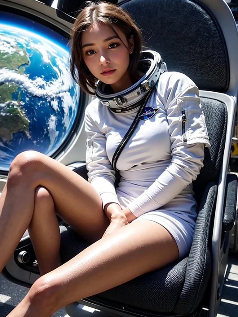 (smile)、(((Staring at the audience)))、((Spaceman in space suit sitting in spaceship cockpit)),wear spacesuits, Dressed in an astronaut costume, Cute girl in a tank top, girl in space, In space, (((Dressed in an astronaut costume))), woman astronaut, ((Sitting on a chair with legs spread))、((Sexy young woman&#39;s body:1.4))、Open and stretch your legs、