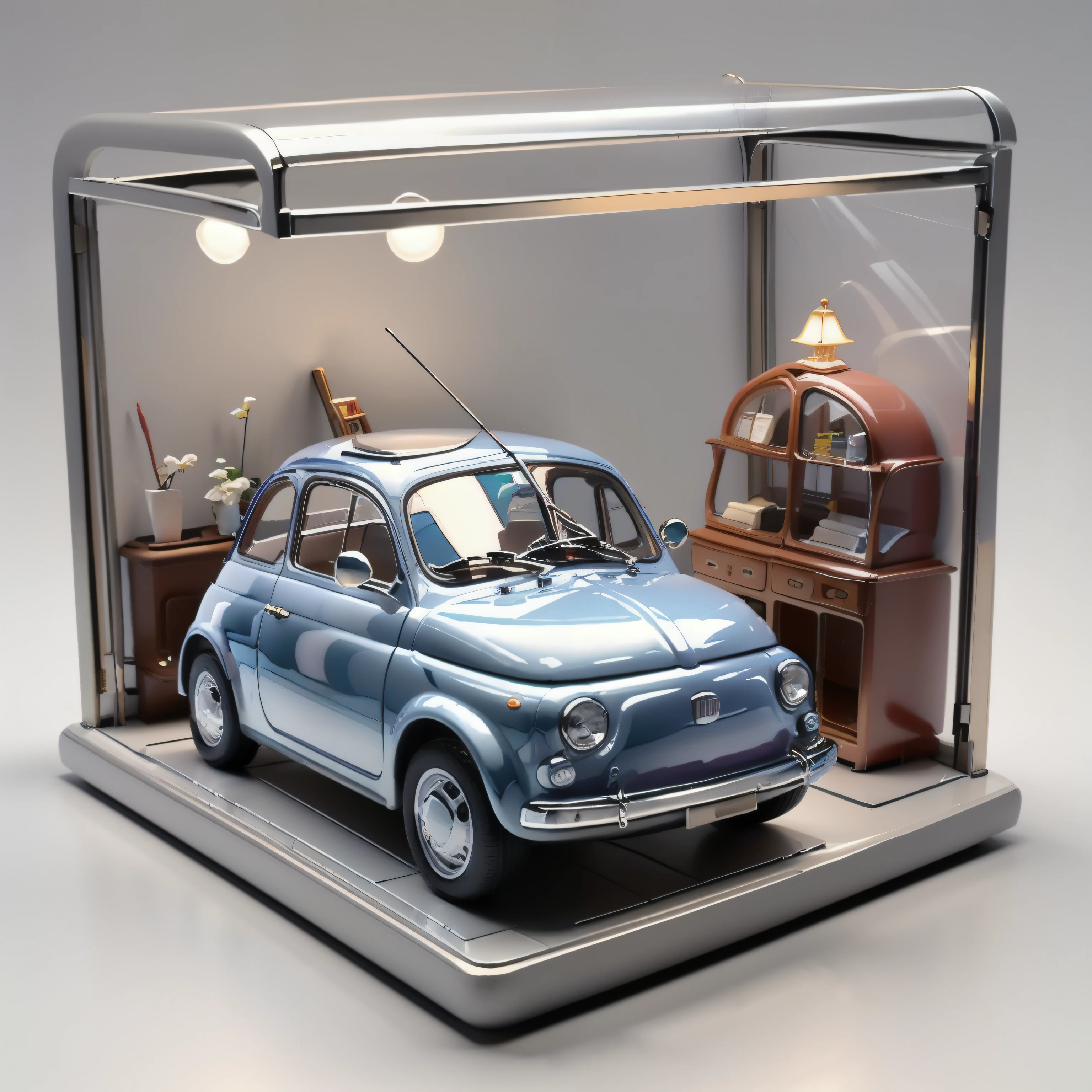 (masterpiece,Highest quality,Highest quality),Fiat 500 plastic model,Isometric 3D diorama,Gentle lighting,It is displayed in a showcase.