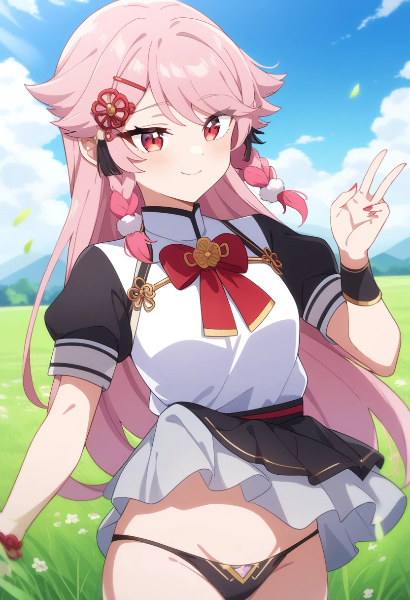 1girl, 独奏, anime coloring,
long hair, pink hair, red eyes, seductive smile, small breasts, white shirt, red bowtie, hairclip,
field, blue sky,
masterpiece, best quality, very aesthetic, absurdres,Skirt fully visible、Stripes々Panties、Panties in full view、Skirt fully visible、Without skirt、Panties fully exposed