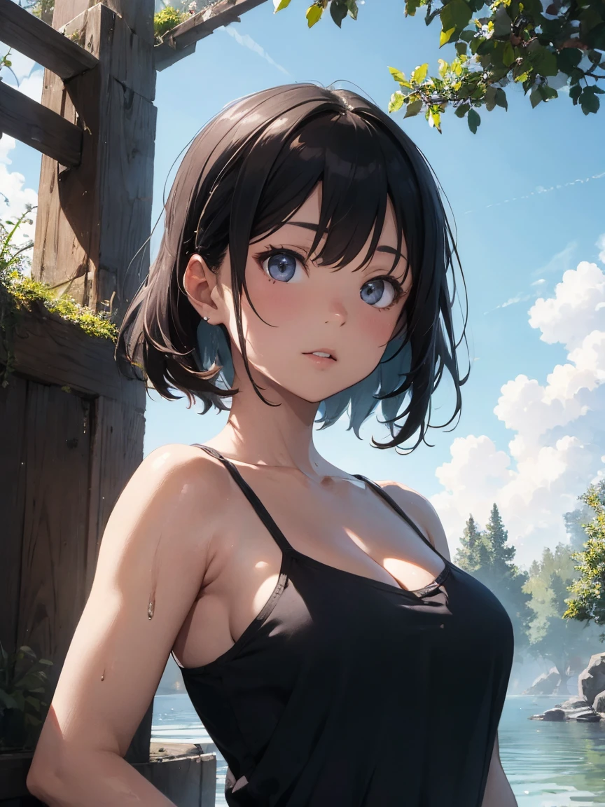 water, Wet, waterしぶき, liquid, sunny, Day, blue sky, cloud, nature, nature環境, (Character Focus:1.1), Sharp focus, Realistic, Very detailed, Super detailed, Highest quality, Highest quality, Realistic lighting, Super detailedな, Hyperrealism, Greg Rutkowski、Large Breasts、Cleavage、Bust Shot、camisole