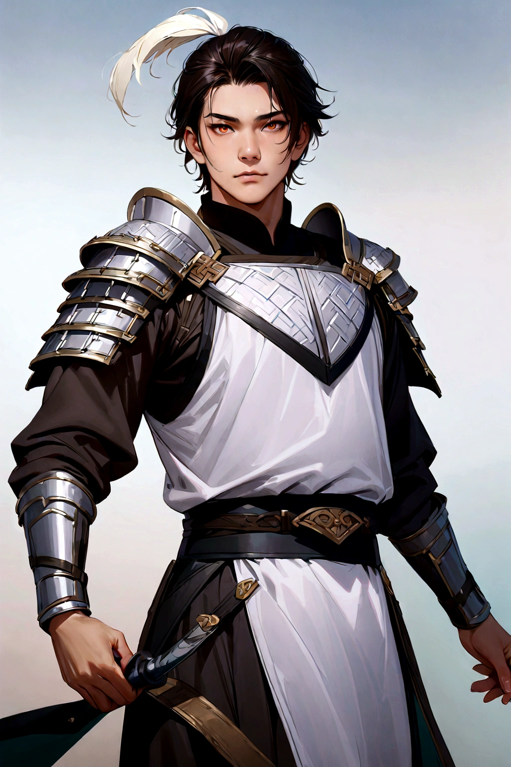 25 year old Chinese man,middle aged man,realistic,chinese_Armor,alone,Background of ancient chinese cities,detailed_eye,shoulder_Armor, pitching,(검은 eye),looking at viewer,(masterpiece:1.2), (best quality:1.2), perfect eye, perfect face, perfect lighting, (8K),(complete anatomy), Nee Shot