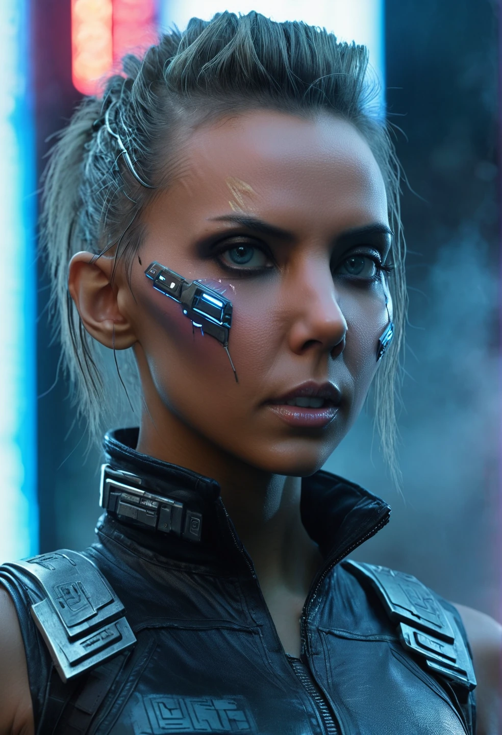 (Detailed face), (Realistic), (masterpiece), (photograph), (Realistic skin texture), Katya Clover in a dystopian cyberpunk city, (cyborg:1.3), Blade Runner, dark Foggy street, Punk hairstyle, Cybernetic facial modification, Body Transformation, Lara Croft video game character, wearing cyberpunk clothes, Neon Signs, Foggy,,