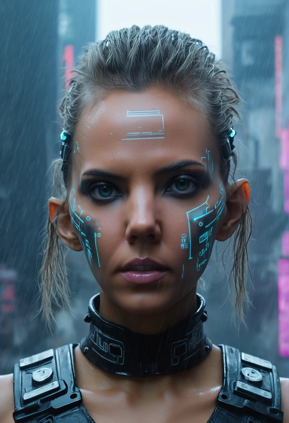 (Detailed face), (Realistic), (masterpiece), (photograph), (Realistic skin texture), Katya Clover in a dystopian cyberpunk city, (cyborg:1.3), Blade Runner, dark Foggy street, Punk hairstyle, Cybernetic facial modification, Body Transformation, Lara Croft video game character, wearing cyberpunk clothes, Neon Signs, Foggy,,