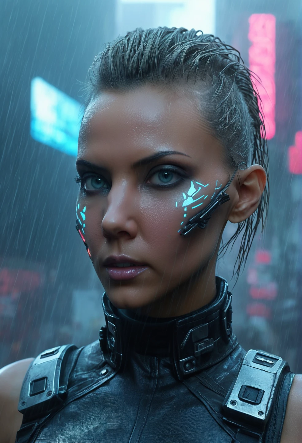 (Detailed face), (Realistic), (masterpiece), (photograph), (Realistic skin texture), Katya Clover in a dystopian cyberpunk city, (cyborg:1.3), Blade Runner, dark Foggy street, Punk hairstyle, Cybernetic facial modification, Body Transformation, Lara Croft video game character, wearing cyberpunk clothes, Neon Signs, Foggy,,