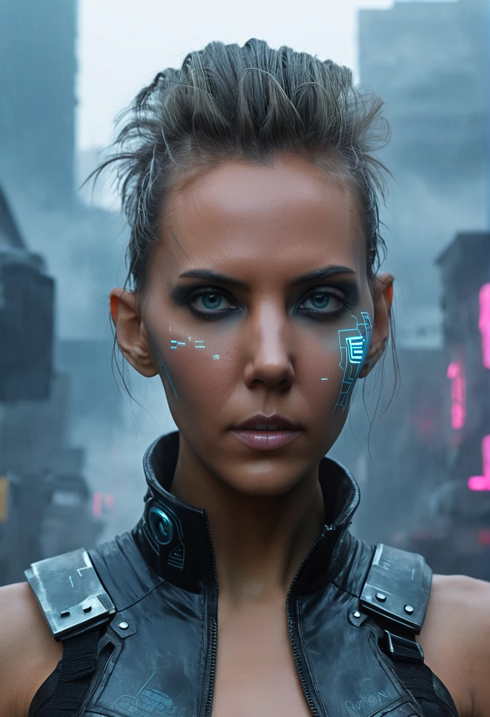 (Detailed face), (Realistic), (masterpiece), (photograph), (Realistic skin texture), Katya Clover in a dystopian cyberpunk city, (cyborg:1.3), Blade Runner, dark Foggy street, Punk hairstyle, Cybernetic facial modification, Body Transformation, Lara Croft video game character, wearing cyberpunk clothes, Neon Signs, Foggy,,