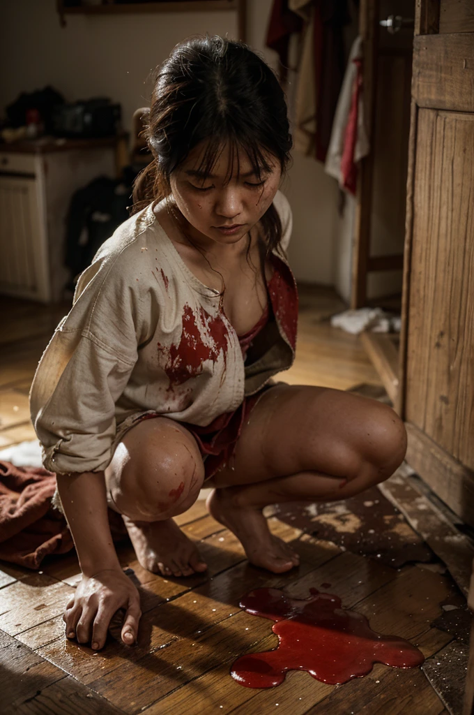 Translating text with camera A Japanese woman, with shabby clothes, his entire clothes were soaked in blood, was crawling on a wooden floor that was stained with blood-red liquid, some parts of the human body such as the intestines, organs are severed and a man's head lies in the background. hallway. The house near the door has a tense and scary atmosphere, the night is dark