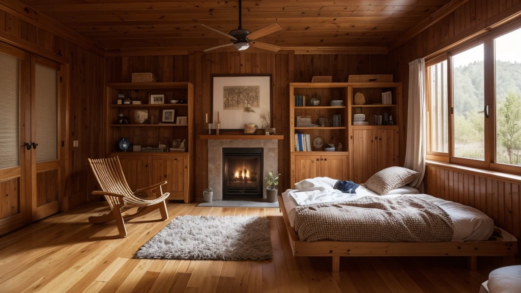The cabin has an arafed room with a hammock and bookshelf, A subtle matte inspired by Asher Brown Durand, shutter, Minimalism, Comfortable place, Country Style hippie, relaxing environment, Warm home background, Country Style!!, Country Style, Relaxation concept art, comfortable environment, Comfortable and peaceful atmosphere, Soothing and comfortable landscape