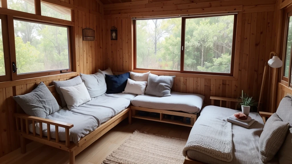 The cabin has an arafed room with a hammock and bookshelf, A subtle matte inspired by Asher Brown Durand, shutter, Minimalism, Comfortable place, Country Style hippie, relaxing environment, Warm home background, Country Style!!, Country Style, Relaxation concept art, comfortable environment, Comfortable and peaceful atmosphere, Soothing and comfortable landscape