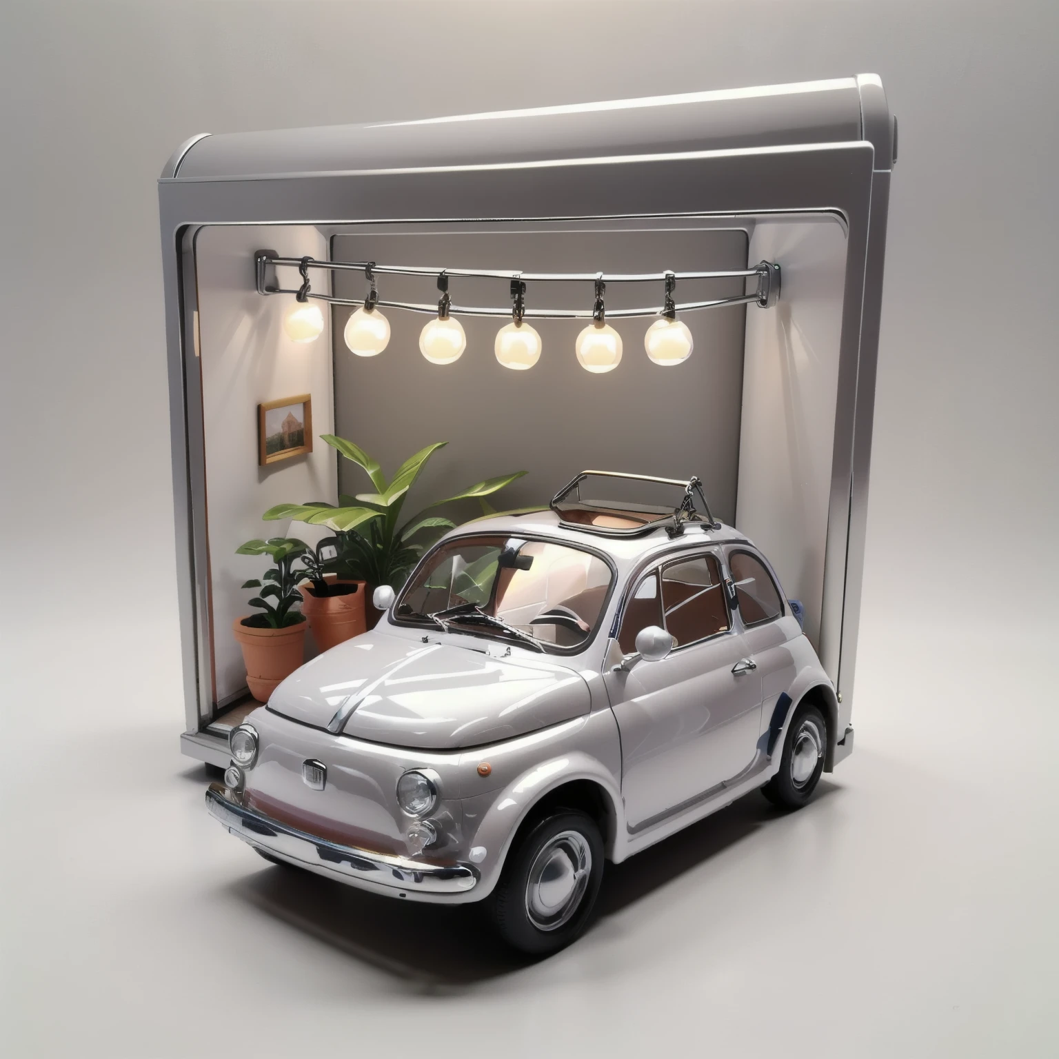 (masterpiece,Highest quality,Highest quality),Fiat 500 plastic model,Isometric 3D diorama,Gentle lighting,It is displayed in a showcase.