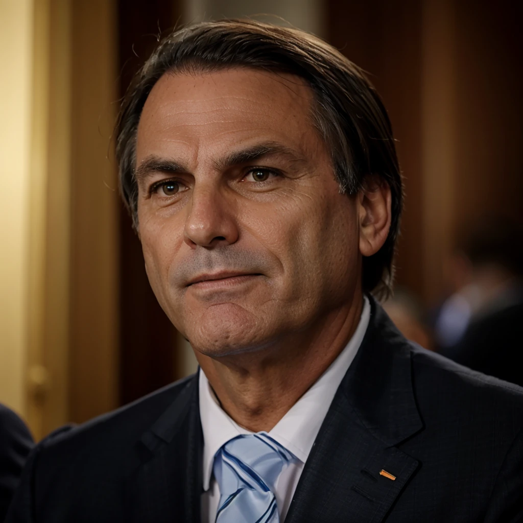 Bolsonaro with a serious face for the camera with a Brazil flag behind 