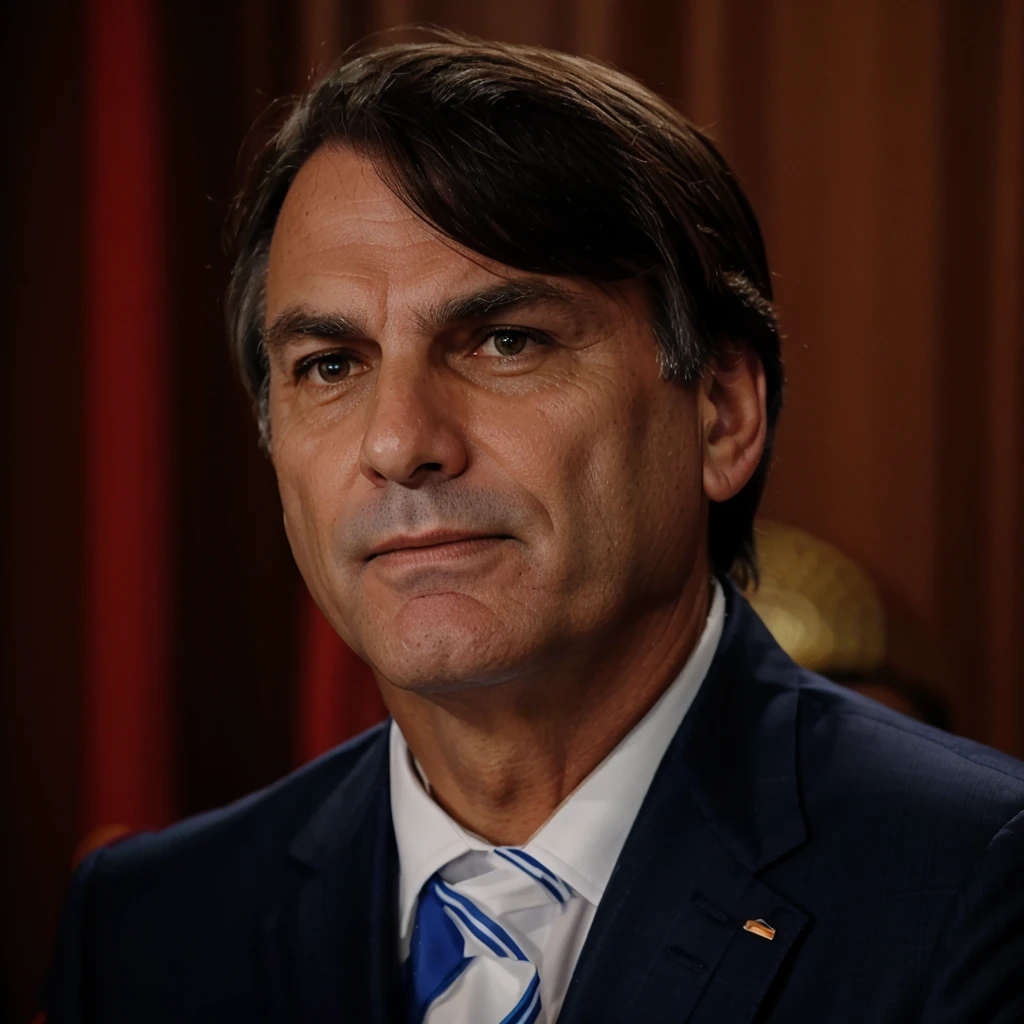 Bolsonaro with a serious face for the camera with a Brazil flag behind