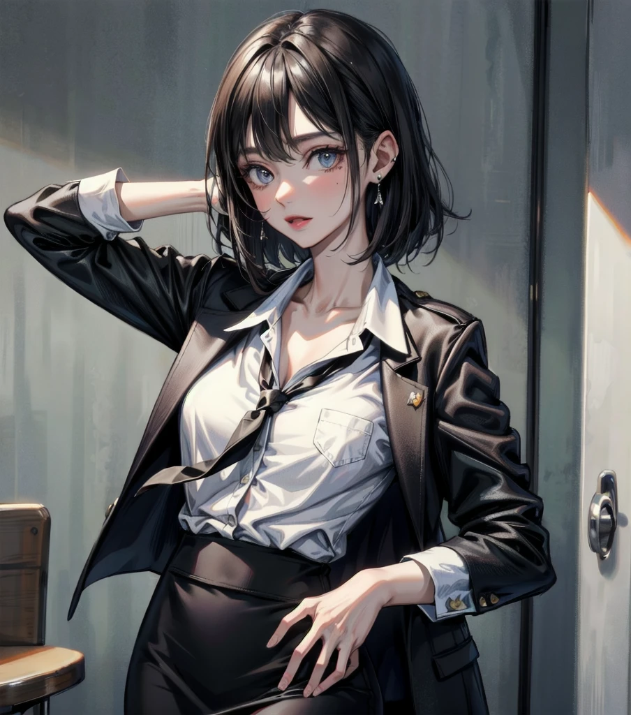 RAW photo, extremely delicate and beautiful, masterpiece, Best Quality, ultra high resolution, 16k, photorealistic, ultra detailed description, pale skin, in her 20s, whole body, medium tits, medium hair, black hair, tearful mole, earring, business suit, blazer, pencil skirt, collarbone, shirt, tie,