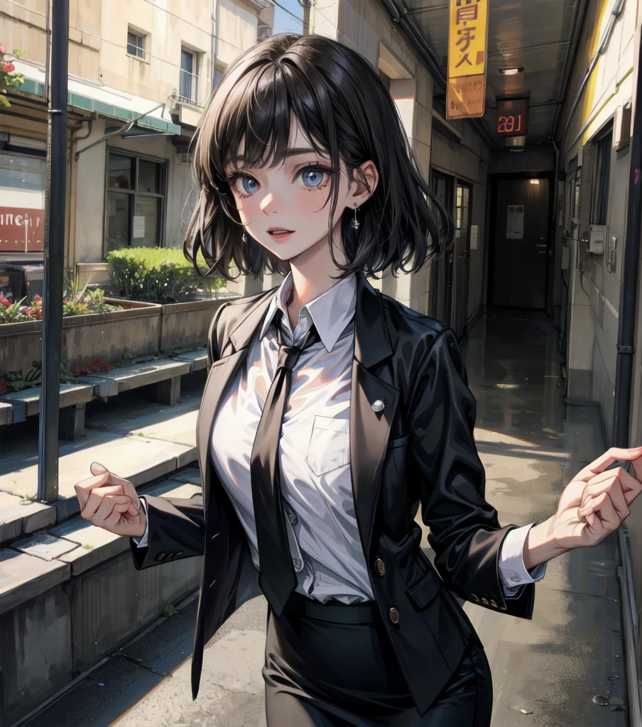 RAW photo, extremely delicate and beautiful, masterpiece, Best Quality, ultra high resolution, 16k, photorealistic, ultra detailed description, pale skin, in her 20s, whole body, medium tits, medium hair, black hair, tearful mole, earring, business suit, blazer, pencil skirt, collarbone, shirt, tie,