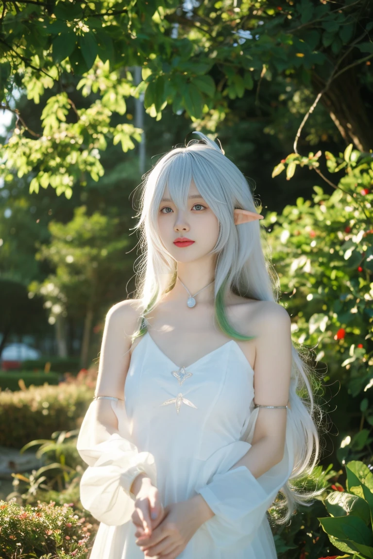 best quality,tmasterpiece,Ultra-high resolution,Clear face,(Reality:1.4),RAW photo,cold light,(upper body photo:1.5), (photorealistic:1.50), anime wallpaper, Guviz style artwork, fantasy close-up to magic, by Yang J, Guviz, beautiful artwork illustration, beautiful digital artwork, beautiful digital illustration, Li Song, beautiful anime portrait, art style at Beauvot, 1boy,smile, bracelet,bangs,(male focus,muscular:1.8),green eyes, dress, white dress, long hair, stirrup legwear, pointy ears, multicolored hair, sitting, side ponytail, jewelry, white hair, gradient hair, tree, symbol-shaped pupils, hair ornament, bangs, 独奏, toeless legwear, outdoors, white socks, looking at viewer, toes, no shoes, socks, bracelet, feet, closed mouth, cross-shaped pupils, green hair, holding, hair between eyes, full body, bare shoulders, sleeveless, day, flower, green cape, short sleeves, sleeveless dress, plant, white footwear