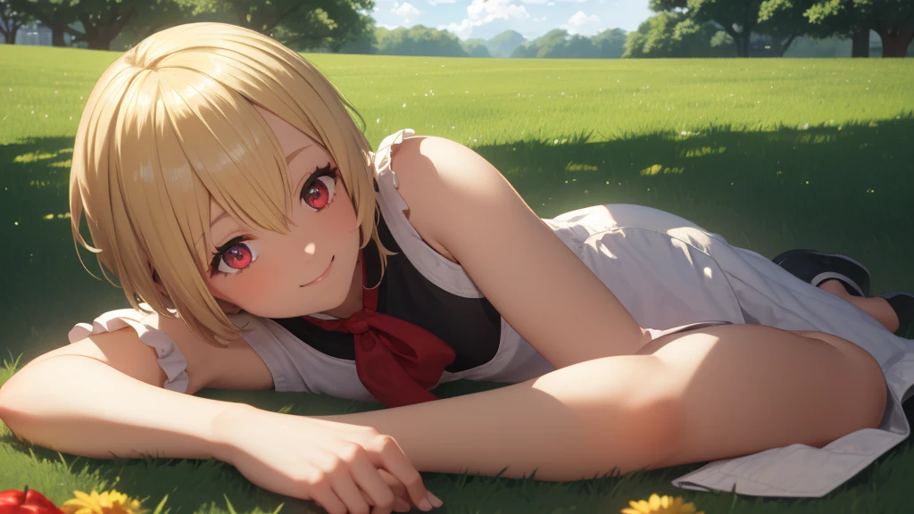 pretty girl, cute, happy, blonde hair, Pigtail short hair, red eyes, gentle looking eyes, summer, picnic, park