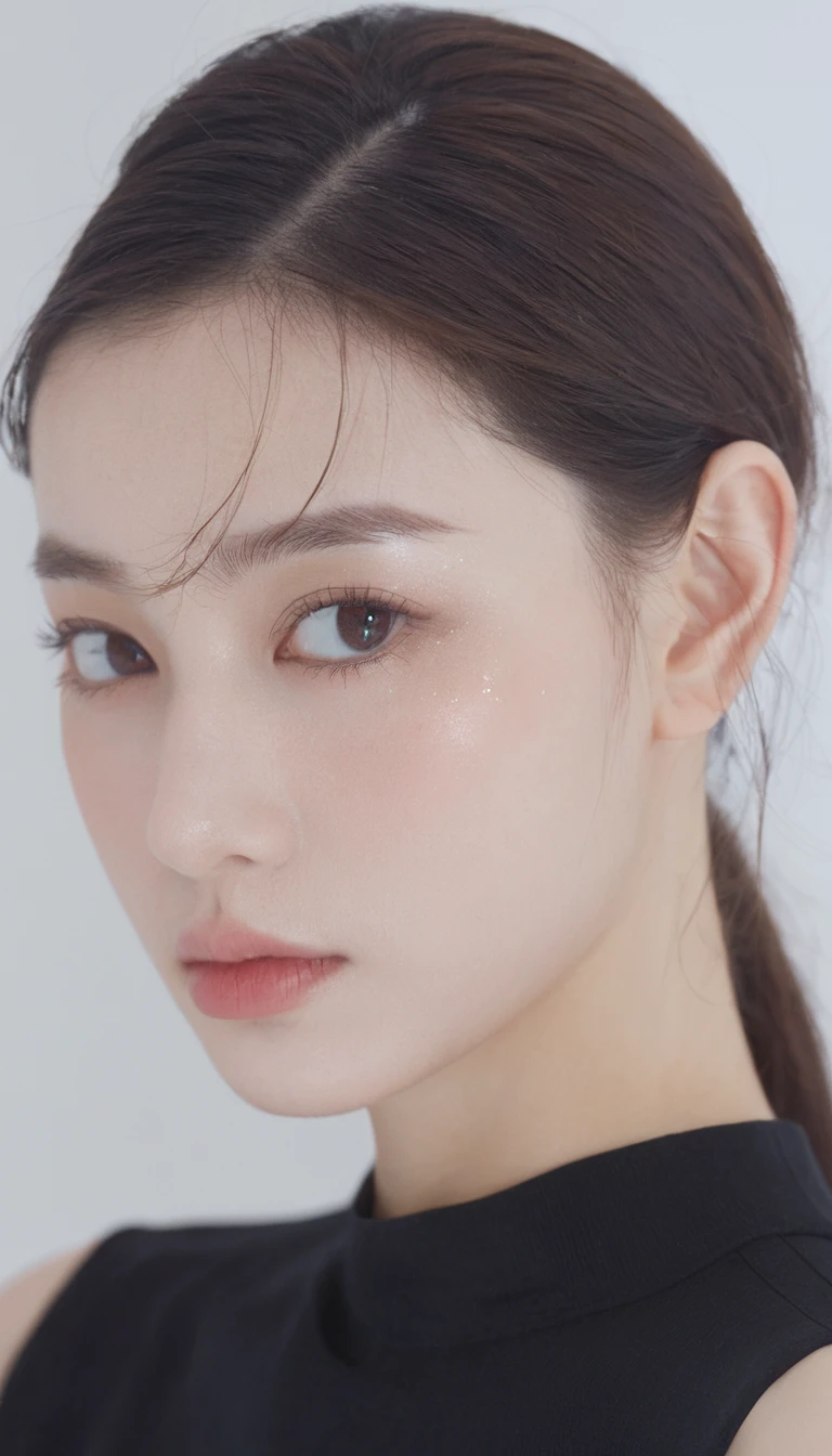 xxmixgirl, Analog Style, Eye focus, Highest quality, (Very detailed skin), Exquisitely beautiful white skin photos, 21 years old, Upper Body、Perfect Face, Captivating eyes, (Seductive makeup: 1.3), Skin pores, (Bokeh:1.5), Sharp focus, Dappled Lighting, (Backlight), Film Grain, (Very detailed, Exquisitely crafted), 8K, High resolution, Front view, Studio Light, Very detailed顔, Fine grain, (double eyelid: 1.4), Aristogle, Brown eyes, (commercial: 1.6), (Seductive makeup), ((White studio background: 2))