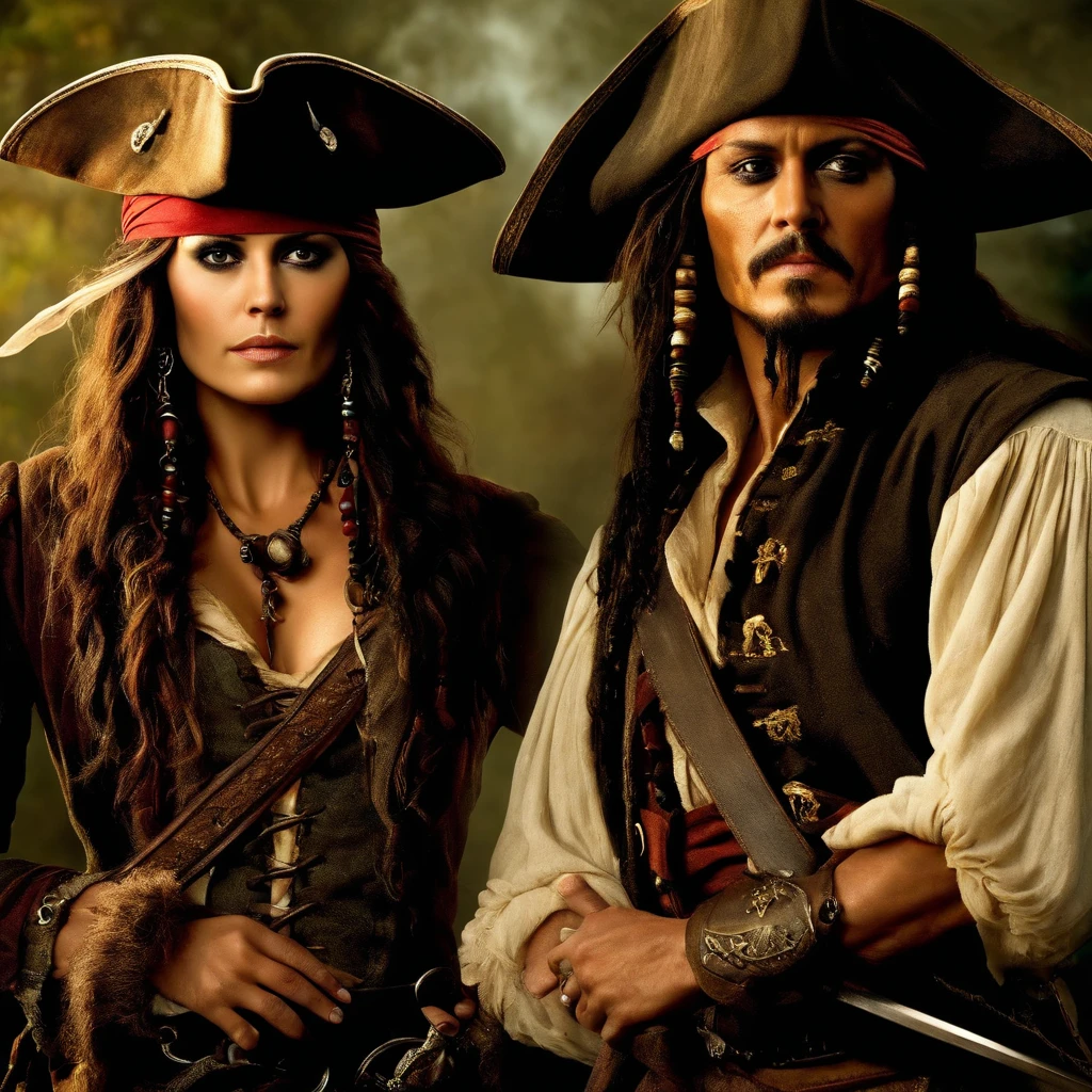 Captain Jack Sparrow next to a female pirate, with long, straight black hair.
eyes browns, with a sword in his right hand