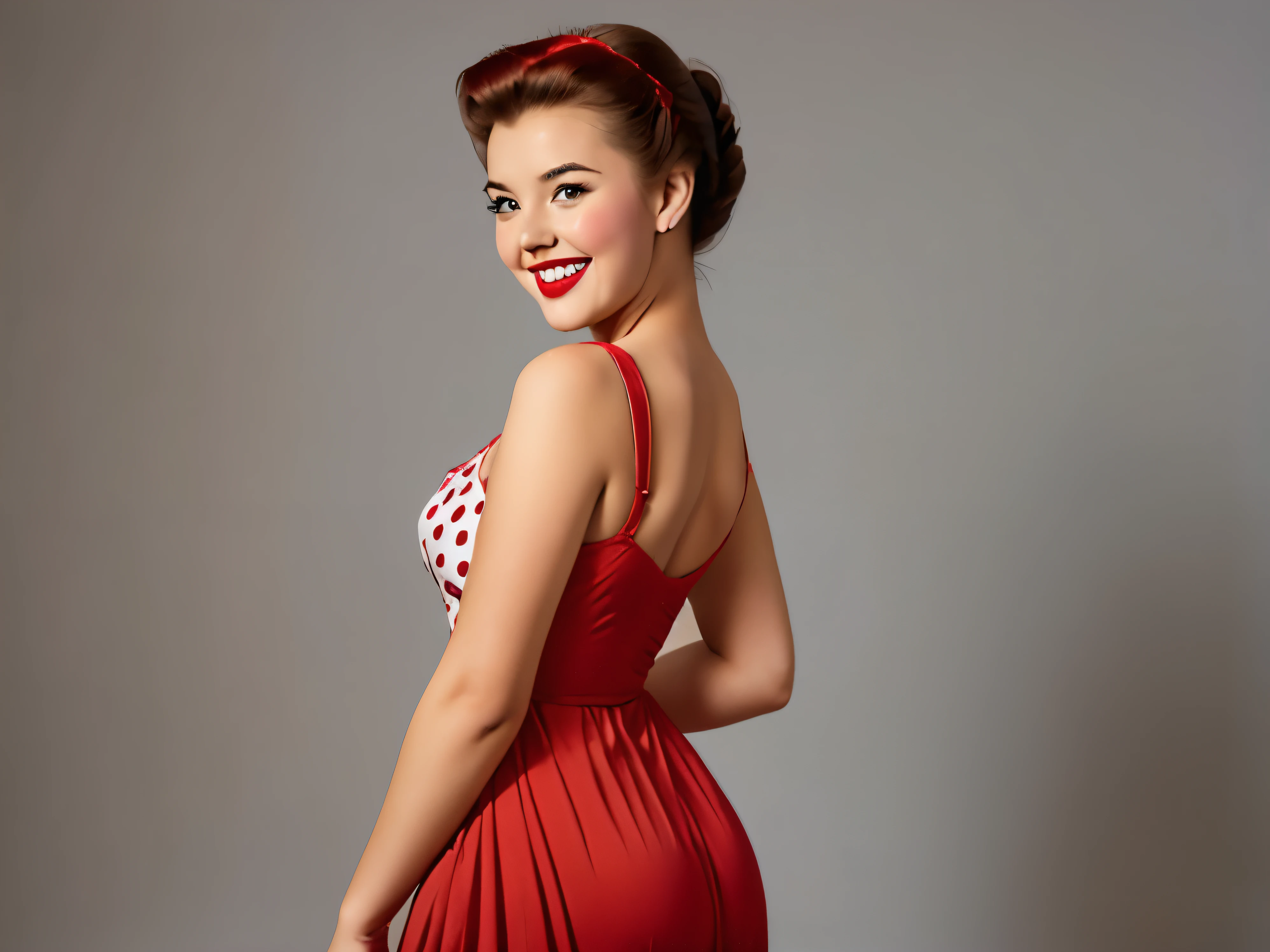 A girl stands half-turned in a red dress with large white polka dots, laughs smiles, looks at the camera, pinup victory rolls hairstyle, studio photography, Gray background, arms spread to the sides, elbows bent, retouch