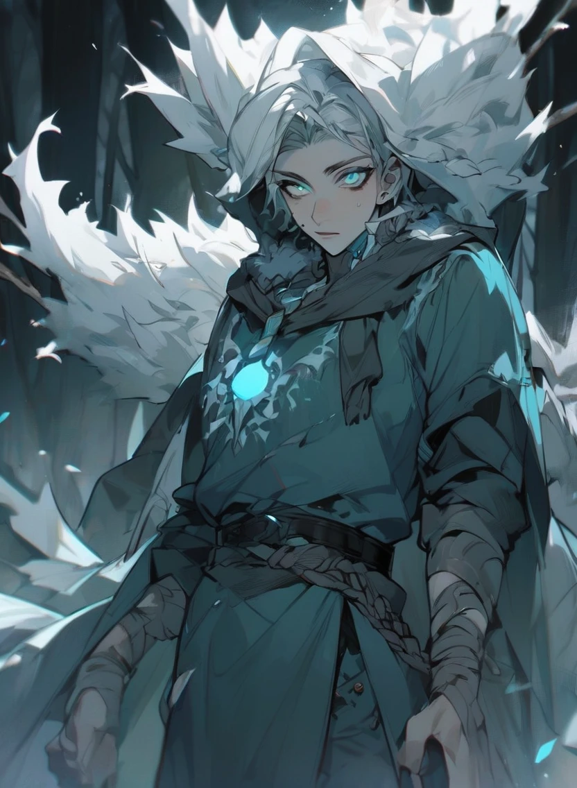 young man ,Male Dark, dark Woods, cold colors, odd eye, sorcerer dnd