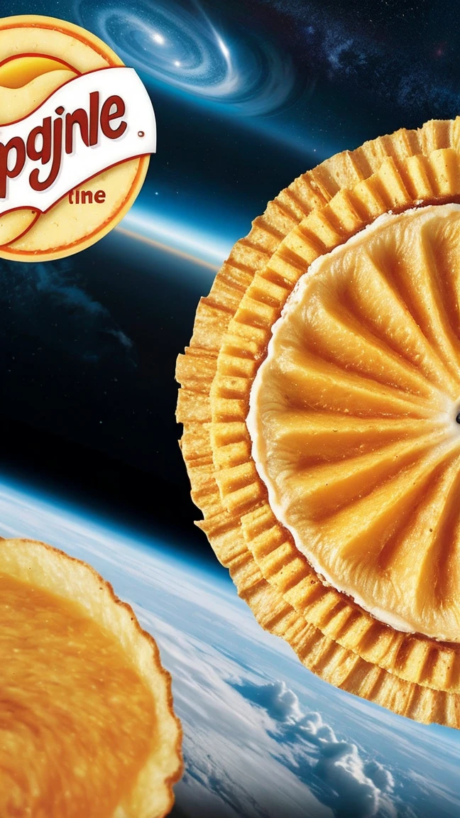 Design a timeline-style image showing the evolution of potato chips to Pringles, leading up to their use in space. Start with a simple potato chip, then show the development of Pringles, and finally depict Pringles being enjoyed by astronauts in space. Include labels and dates for each stage.