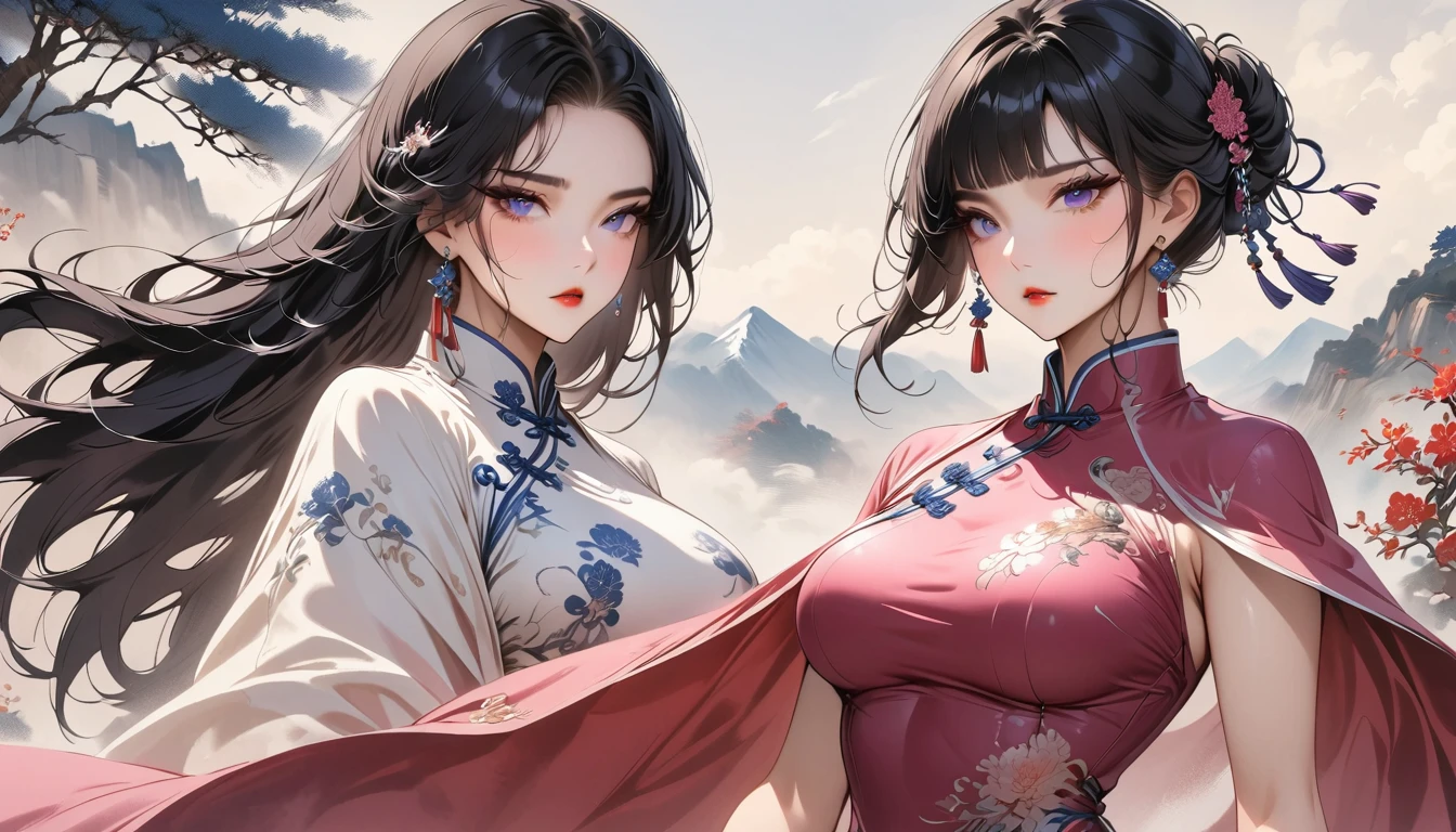 (Masterpiece, Best Quality: 1.3), 1girl, (Conservatively Dressed: 1.8), pink-purple cheongsam, pink-purple qipao, (Mature: 1.4), Dark Purple Hair, short hair, blunt bangs, Cold Eyes, Purple Eyes, Gorgeous Accessories, Fluttering Cloak, very aesthetic, national painting, Clothing ink painting style, medium shot, high detail, Masterpiece, super detail, best quality