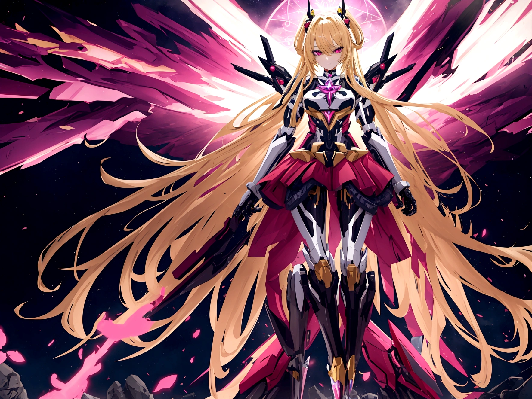 a beautiful magical girl with long blond hair and red eyes, wearing a magical girl style leotard combined with mecha style skirt and other mecha style accesories, full body turned towards the viewer, detailed face, extremely detailed eyes and face, hyper detailed, 8k, high quality, intricate, mecha style, fantasy, cinematic lighting, dramatic composition, vibrant colors