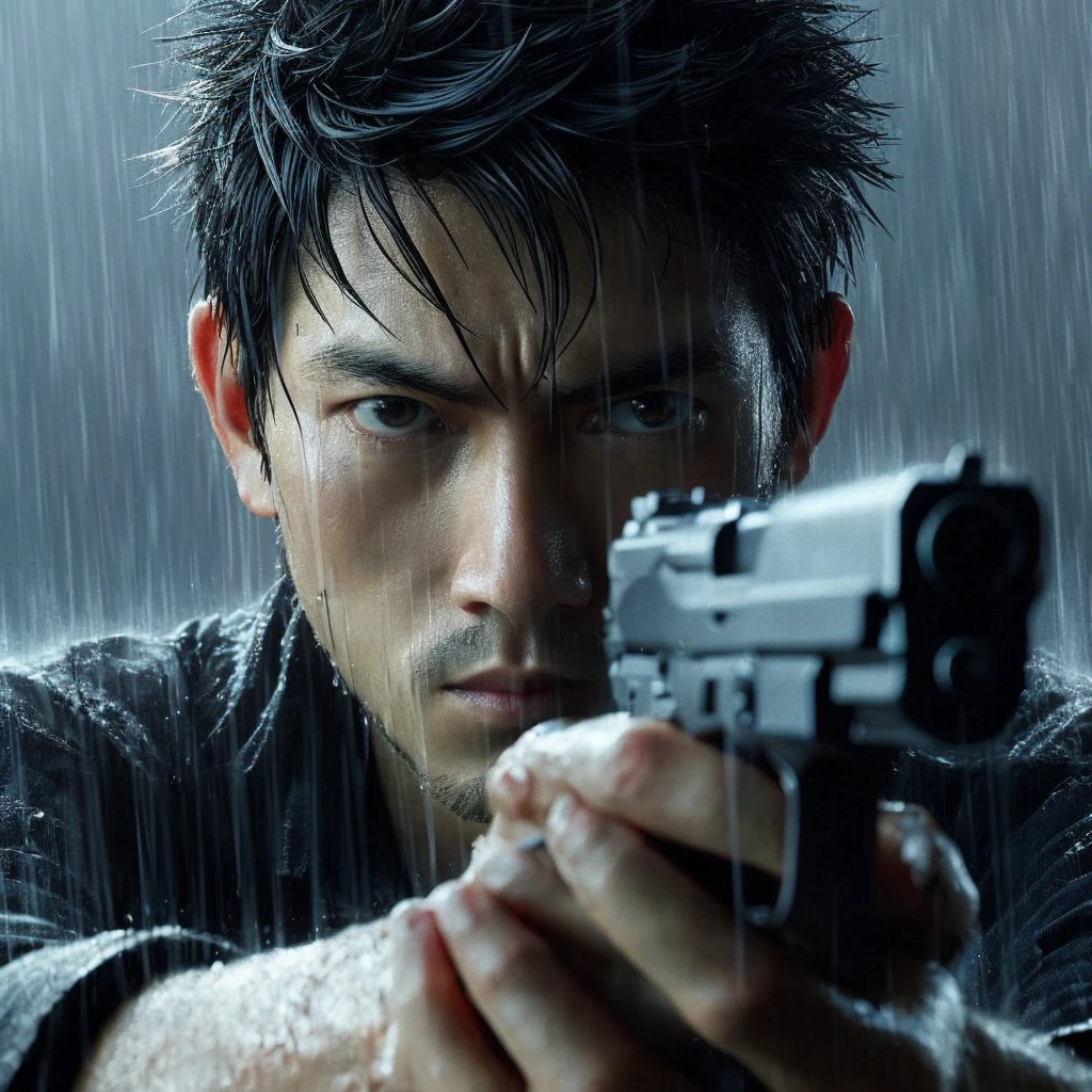 3d hyperrealistik dari seorang pria asia ,usia 25 tahun rambut short and spiky yang bertekad mengarahkan pistol langsung ke penonton. Adegan menyampaikan momen ini dengan intensity dramatis, dengan tetes hujan terlihat di wajah dan rambutnya. Fokus adalah pada matanya dan pistol yang dipegang erat di kedua tangannya, menekankan fokus dan tekadnya yang tak tergoyahkan. Suasana hati secara keseluruhan intens dan menyenangkan. uhd,ultrarealistic,4k,cinematic