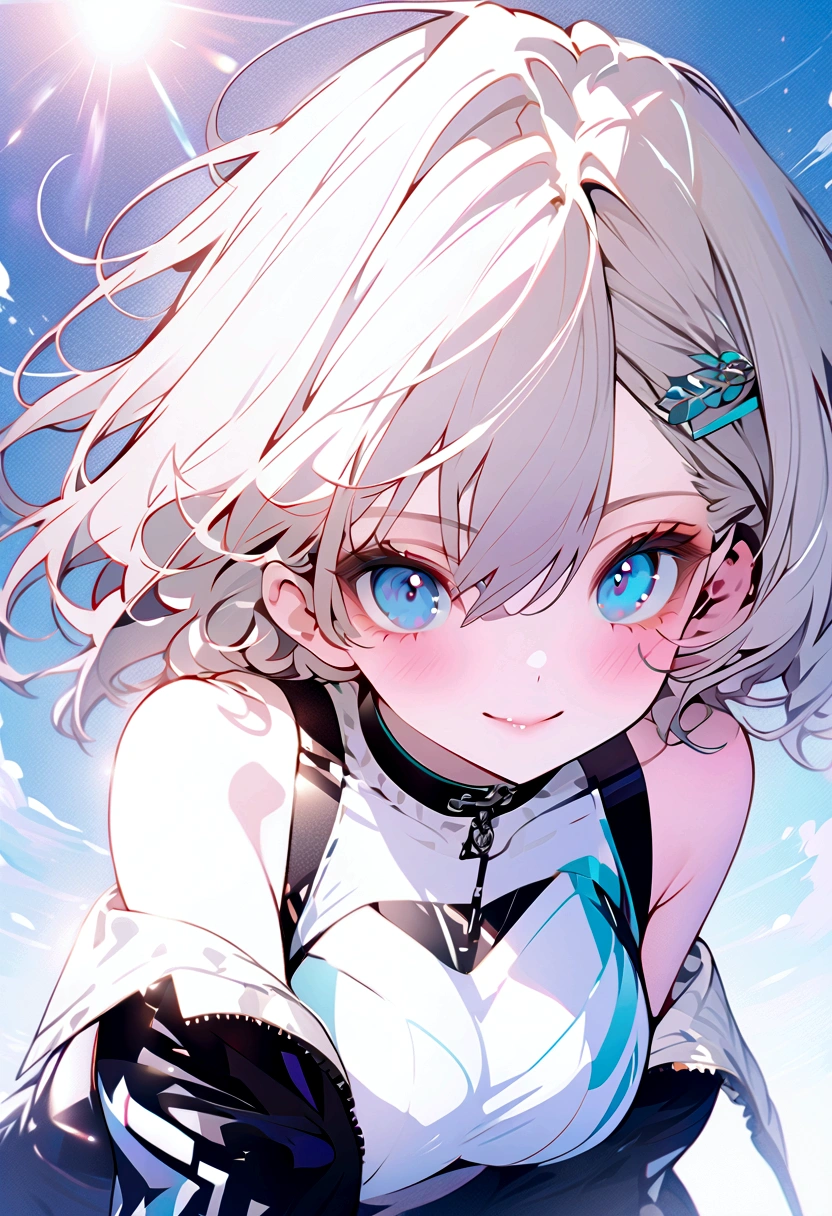 beautiful, masterpiece, Highest quality, anime, One girl, C Cup,Portrait Shot, View your viewers, Intricate details,>,((Covered、Short Hair、nearby、Blue Eyes、art、、White hair,Blue streaked hair、wallpaper、、hairpin、smile、Race Queen、Thigh、Knee-high boots、blue sky、smile、Bright atmosphere