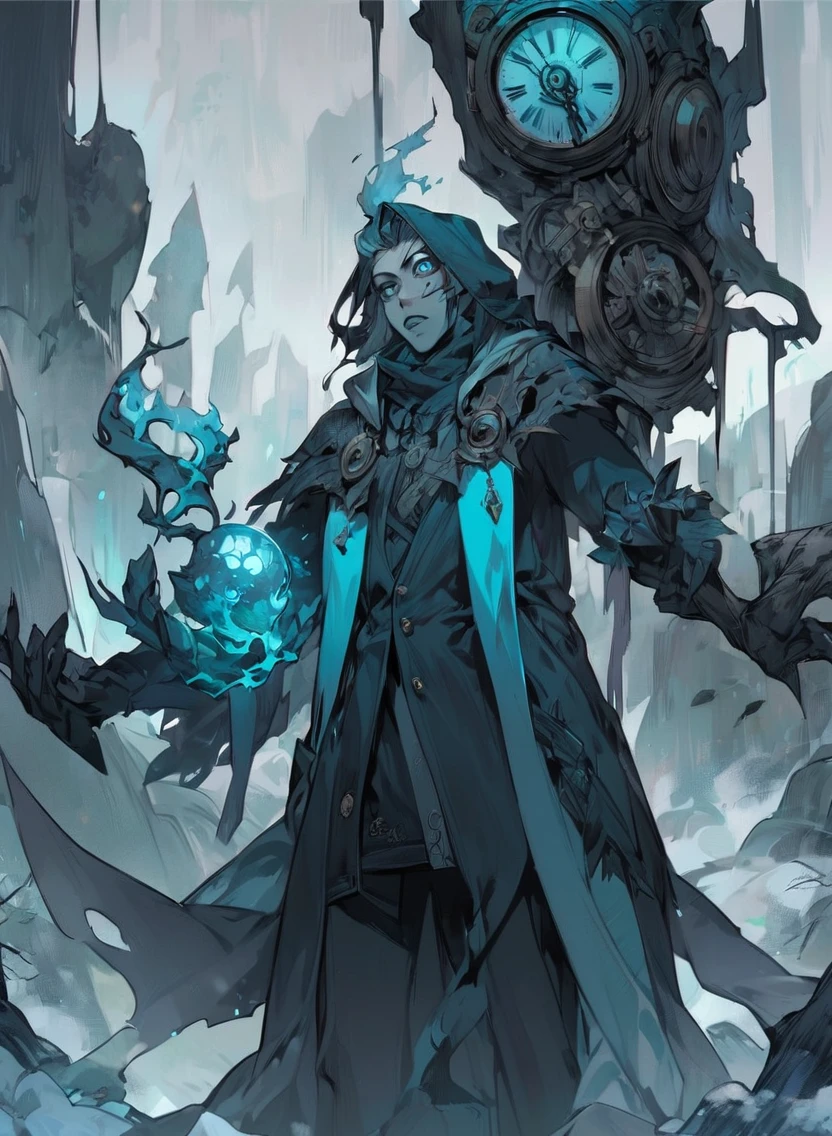 young man ,Male Dark, dark Woods, cold colors, odd eye, sorcerer dnd, clockwork soul