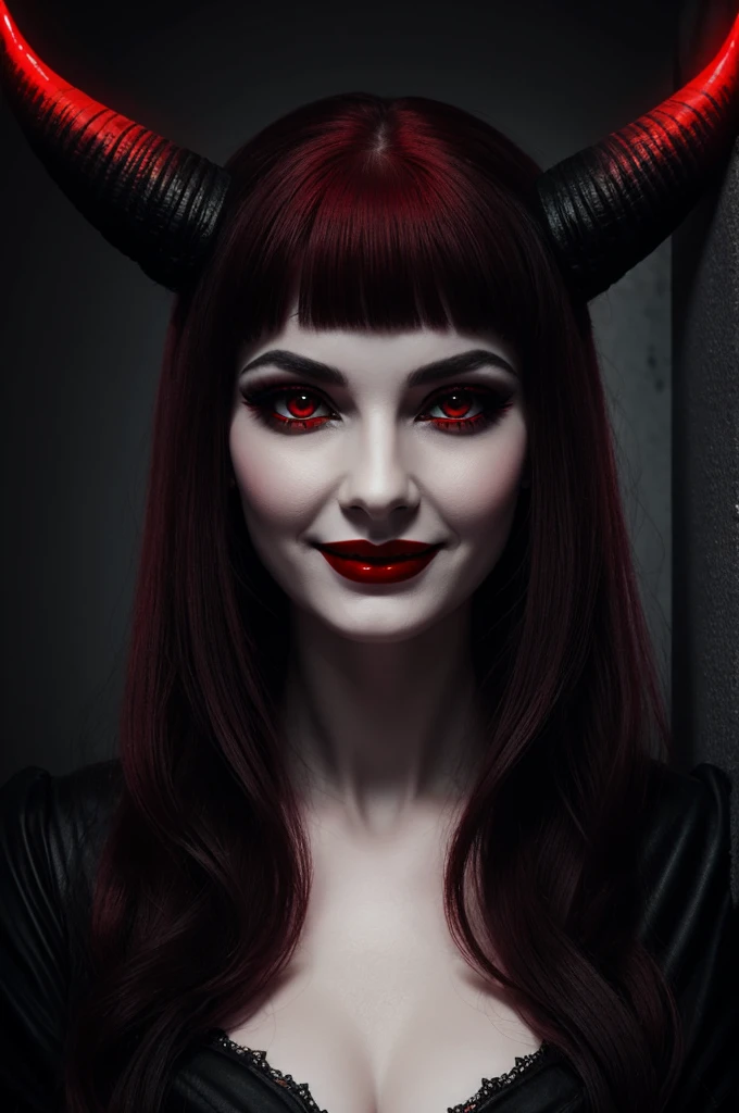Pale woman with horns, red glowing eyes, red lipstick and black wings giving a sinister smile