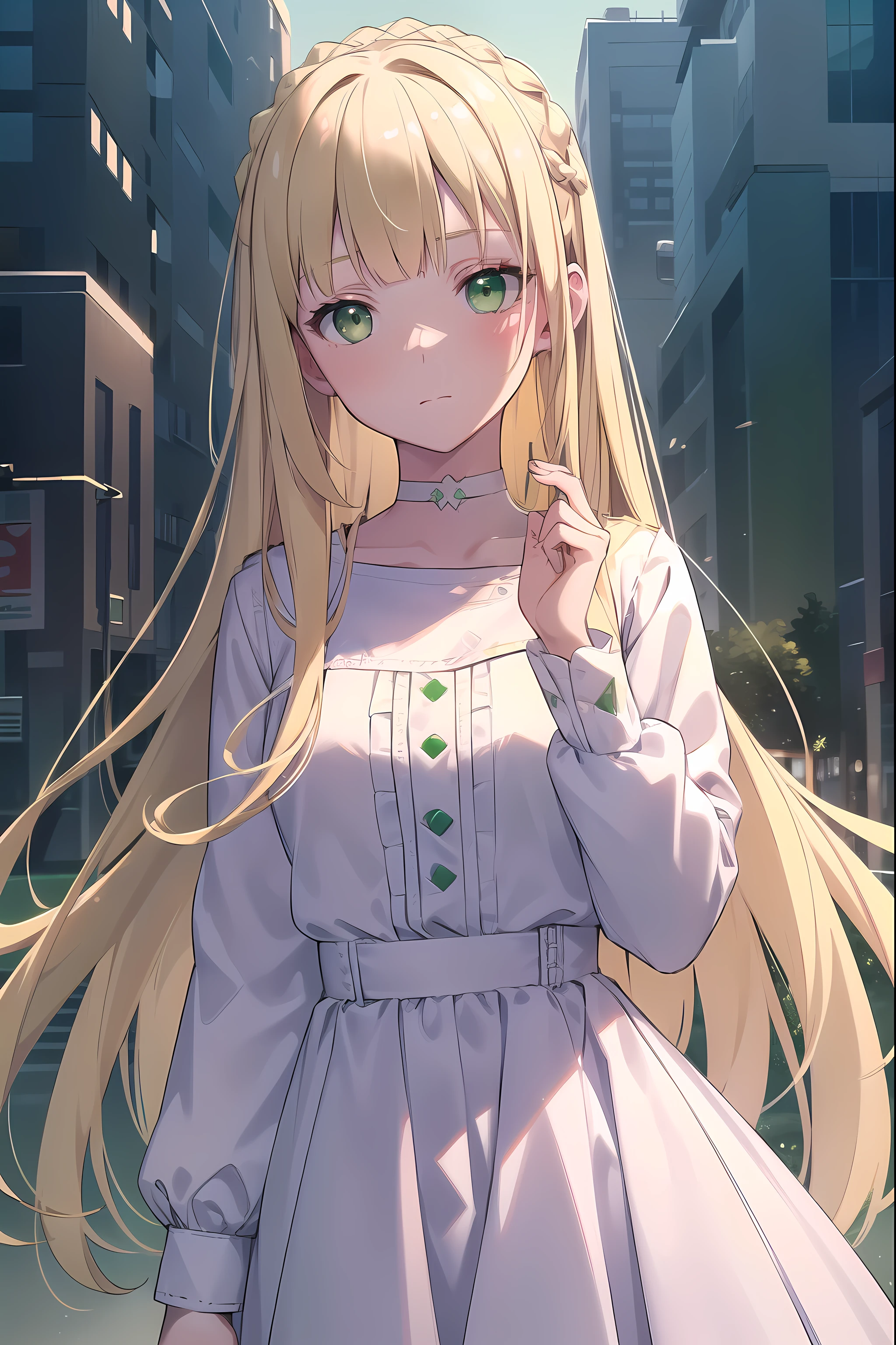 Blonde Hair, choker, (Green Eyes:1.5), Long Hair, dress, skirt, blush, blush stickers, Have, (White clothes:1.5), break looking at viewer, break outdoors, city, break (masterpiece:1.2), highest quality, High resolution, unity 8k wallpaper, (figure:0.8), (Beautiful fine details:1.6), Highly detailed face, Perfect lighting, Highly detailed CG, (Perfect hands, Perfect Anatomy),
