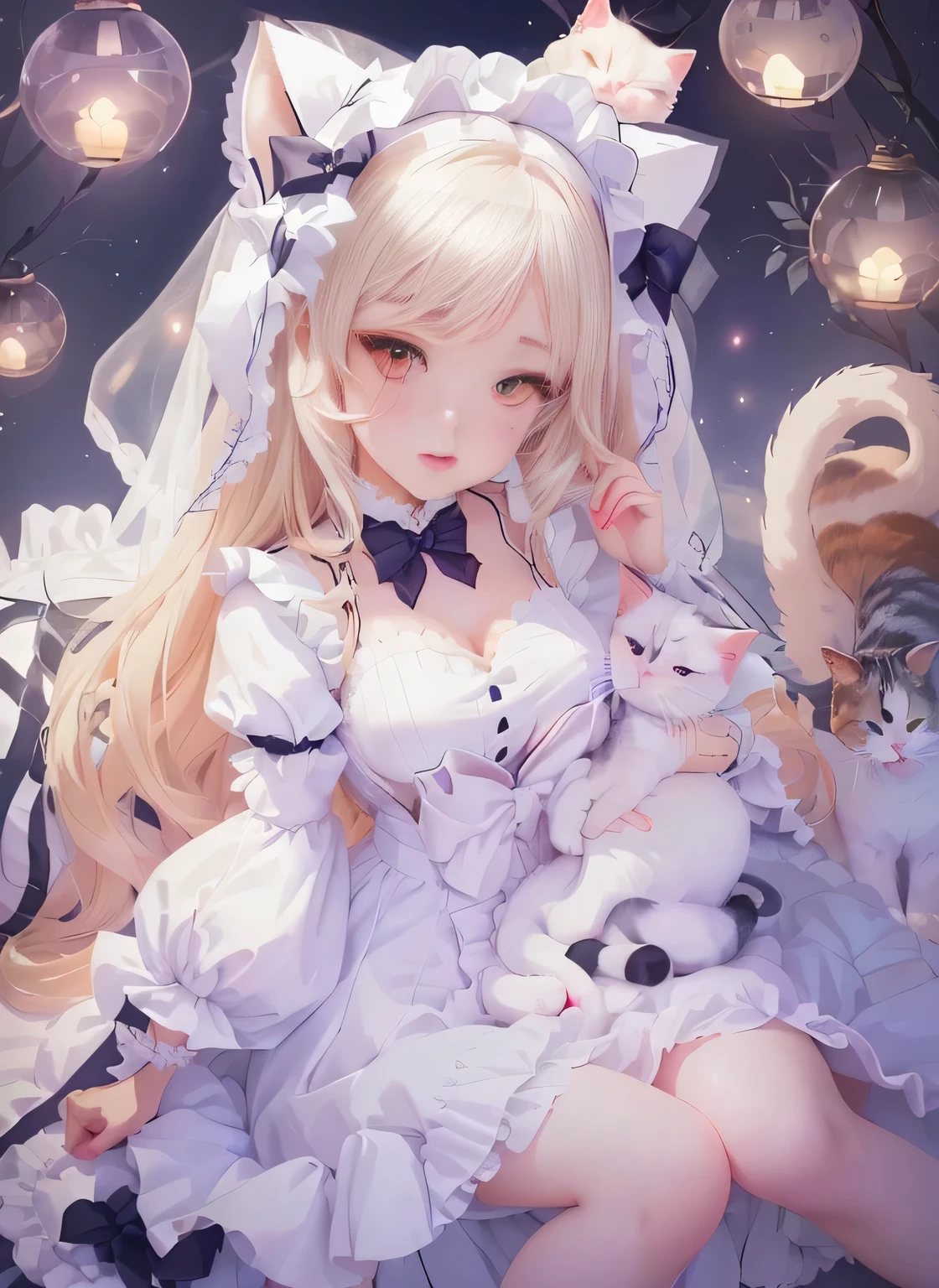 Anime girl in a white dress with a cat and a kitten, White cat girl, ta in a skirt, Anime cat girl in maid costume, , very beautiful anime cat girl, Cute anime catwoman, Beautiful anime catwoman, Ink art anime loliweiz on pixiv artstation, Soft anime illustration