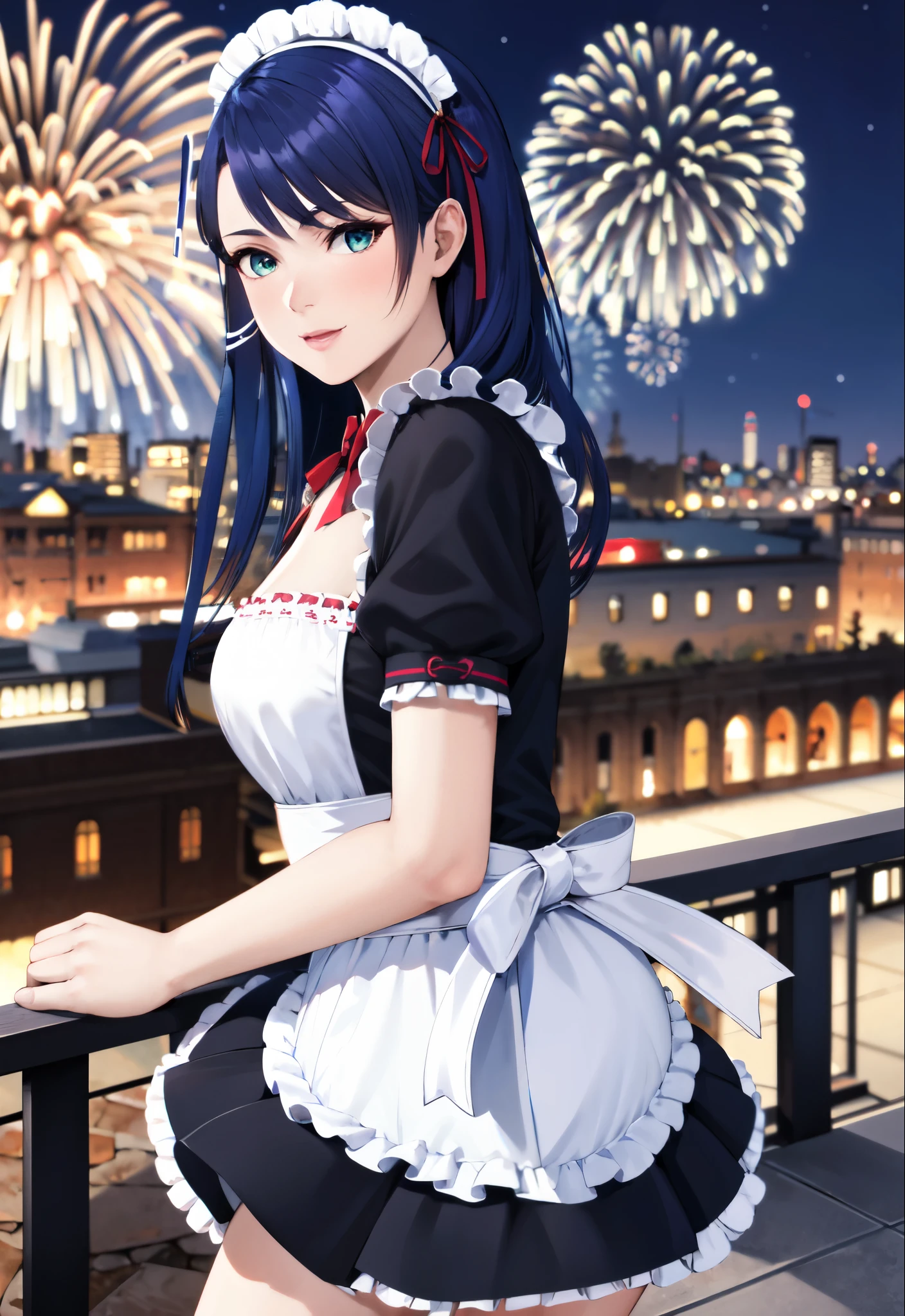 lobelia, 1girl, maid outfit, look at the view, Balconies, fireworks, high quality, masterpiece