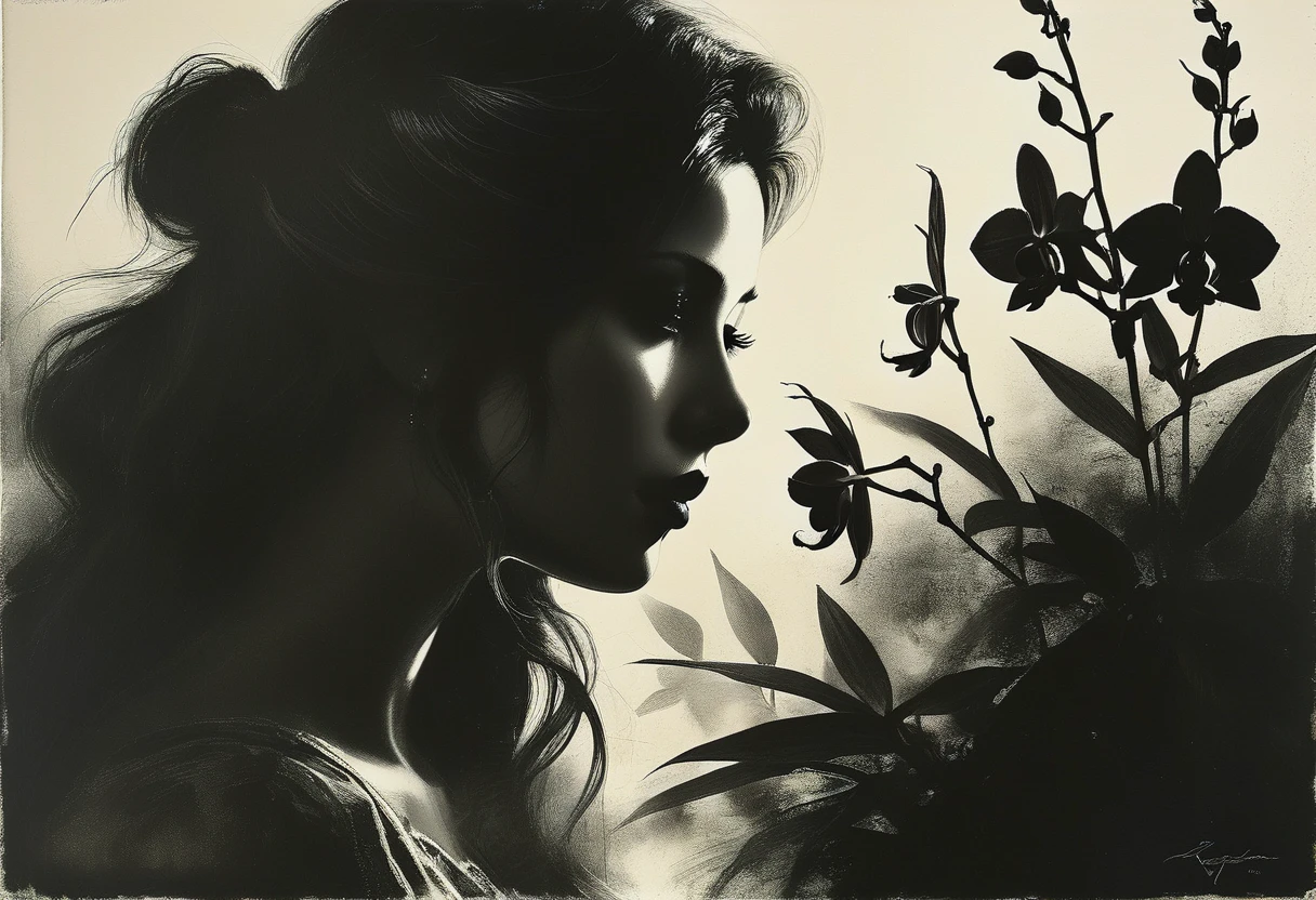 Artistic silhouette portrait, sketch, breathtaking portrait of a gorgeous woman, shadow art, play of light, close-up, hyper-realistic image of a woman leaning towards poisonous, otherworldly orchids, each flower emitting an eerie glow, symbolizing the connection between nature and dark enchantment. Extremely realistic, shot in RAW format. painting in the style of Anders Zorn, Alexi Brilo, Luisa Royo, Studio Ghibli Genshin Impact