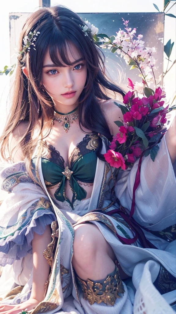 a detailed portrait of a beautiful young woman with long flowing hair, emerald green eyes, delicate facial features, and a serene expression, wearing a flowing white dress, set against a lush, vibrant natural landscape, cinematic lighting, high resolution, photorealistic, intricate detail, oil painting