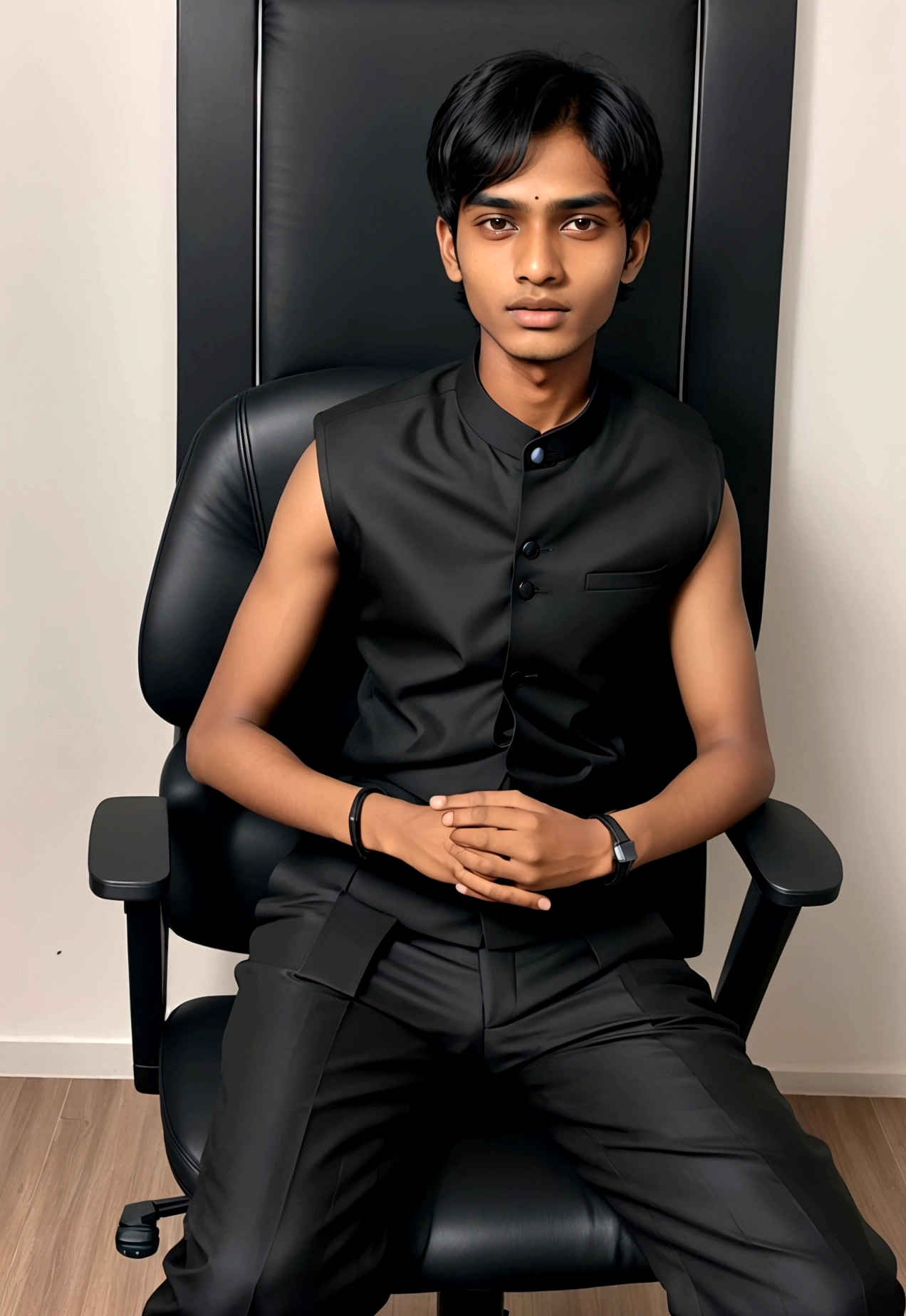 a 17 years old Indian bihari man, honey skin, short black hair, wearing black suit & pant, sitting on black office chair, image fill, best quality, 1080P, HD, 16k, super detail