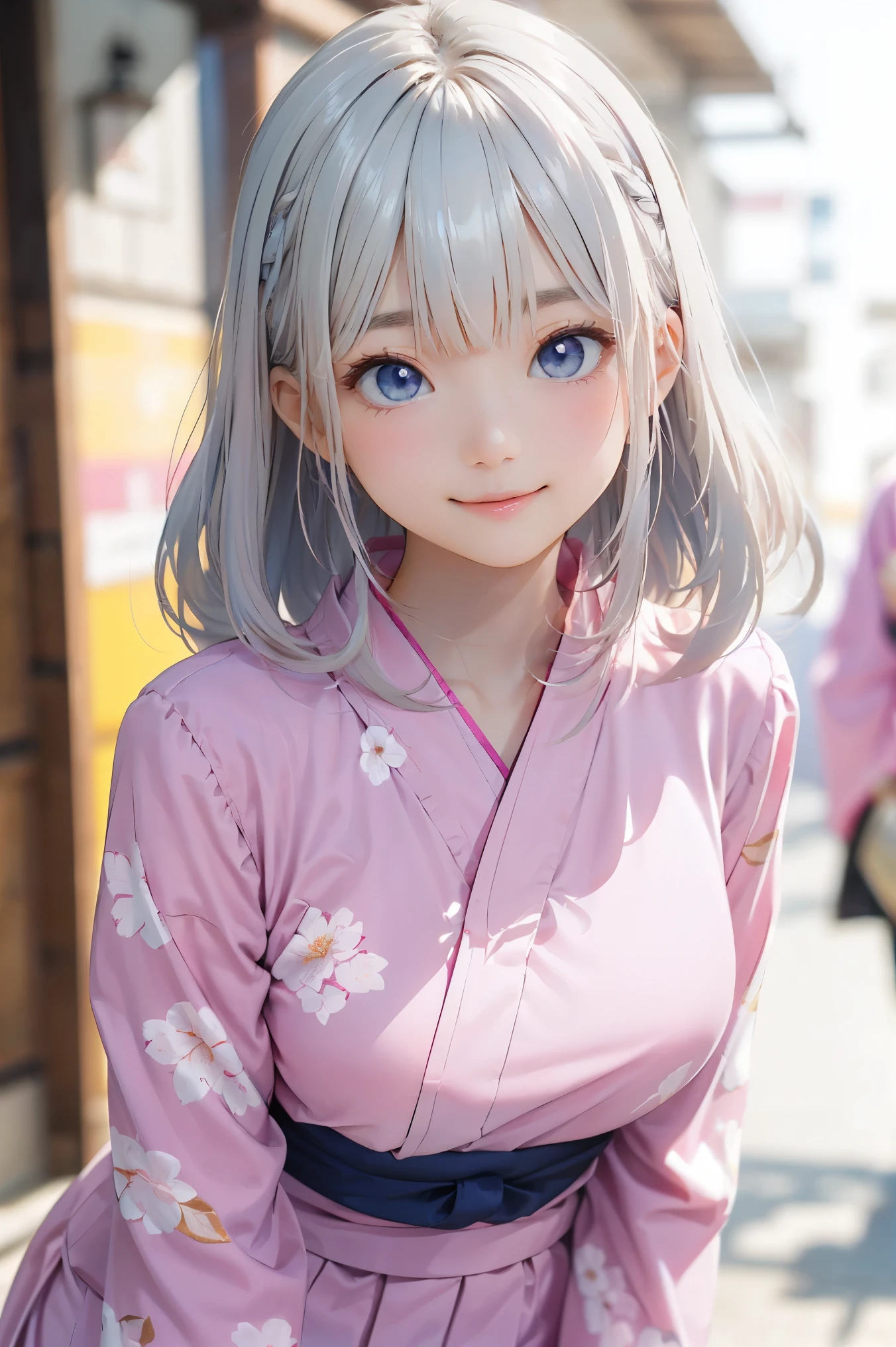 masterpiece,8K, (Highest quality), (Best Shadow),((festival)),Dynamic Lighting, (Maximum resolution), (smile),Backlight,Highly detailed face and skin texture, Delicate eyes, Blue-gray eyes, double eyelid, Natural Cheeks, White skin: 1.2, (Glossy Lips: 1.4),(pretty girl:1.3),(19 years old), (Wavy long hair), ((Platinum Blonde Hair:1.2)),((Yukata with many floral patterns),huga breasts,thigh,(((Pink and white clothes)))