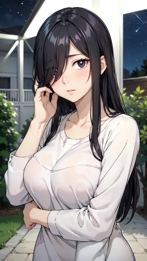 Cute mommy, mature women, realistic skin,perfect ,black hair, long hair, (hair over one eye:1.4), messy hair, hair between eyes, pajama, chubby,plump,fat,cute shy blush on, under tree,night
