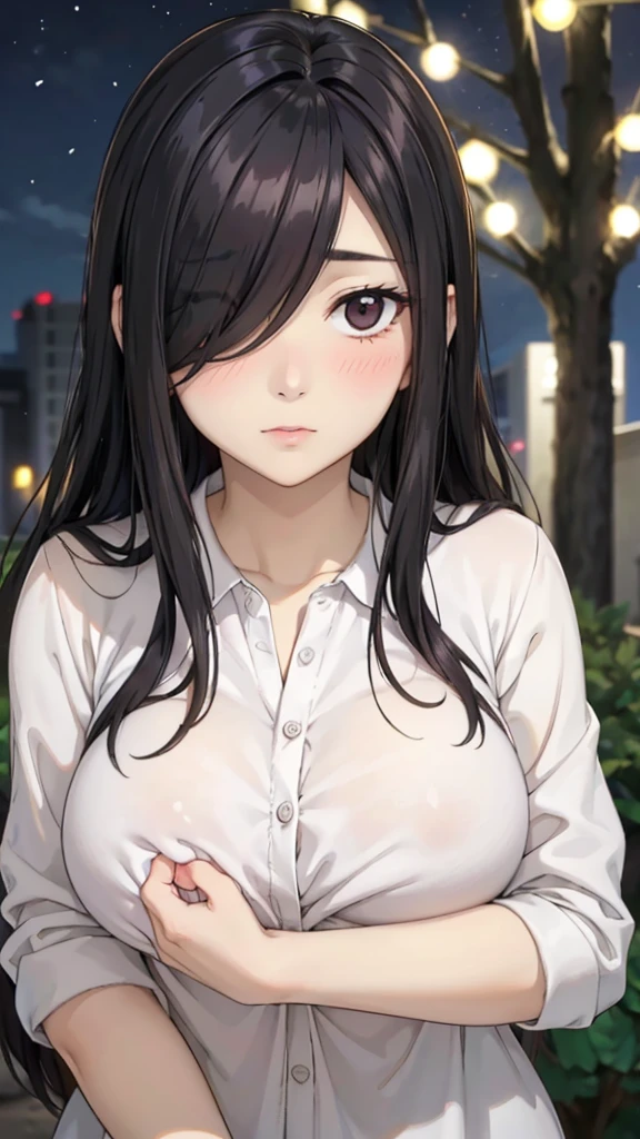 Cute mommy, mature women, realistic skin,perfect ,black hair, long hair, (hair over one eye:1.4), messy hair, hair between eyes, pajama, chubby,plump,fat,cute shy blush on, under tree,night