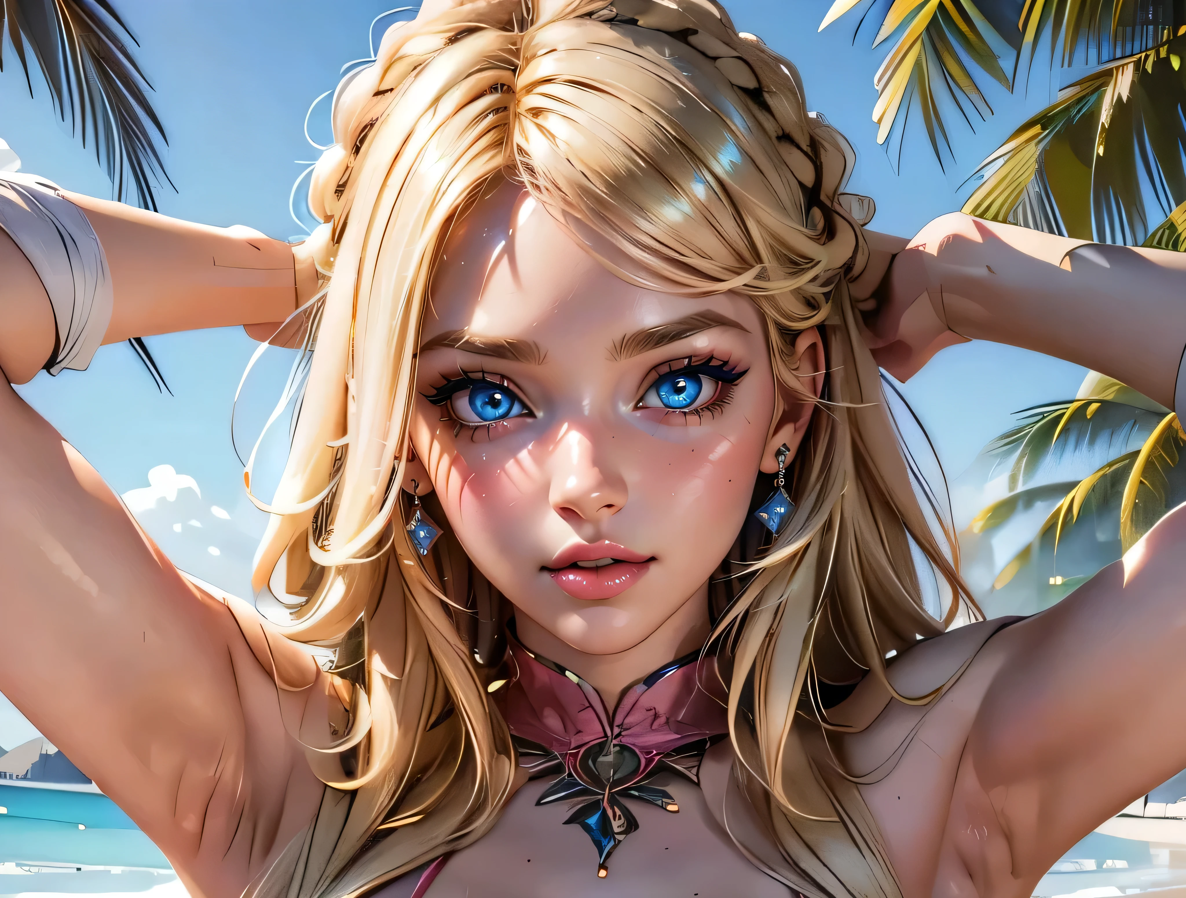 Shiny blue eyes, eyelashes, pink lips, big lips, perfect face, high quality, full resolution, best quality, blonde hair, perfect eyes, bright pupils