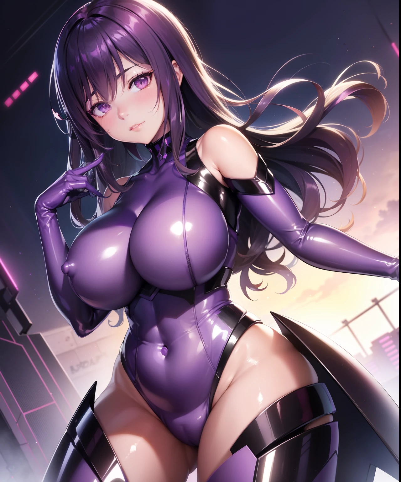 Anime - Woman in style wearing purple latex posing in futuristic city, an oppai cyberpunk, Purple body, wlop glossy skin, cybersuit, zero suit samus, Ilya Kuvshinov. 4 k, Smooth Anime CG Art, Very detailed ArtGerm, Chic, cybersuit, Seductive Anime Girl, android heroine, cutesexyrobutts, latex shiny