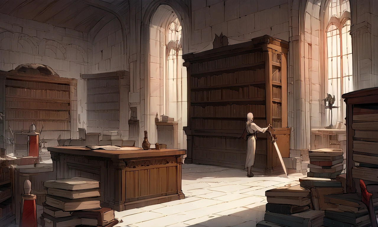 ((((masterpiece, Highest quality, High resolution)))), High detail, manga，anime，Illustration Style，Topic Prompts "The Sword Laid, Sword in the center,Luxurious sword, A room with a desk and bookshelf,Cursed Sword,Sinister Sword, Sword on the table, background, Ancient Library, Standing in a magical library, Dusty Library, Ruina concept art library,  Adding context = "The Sword Laid,Cursed Sword,Sinister Sword,Luxurious sword, Sword on the table, Magical Library" possible: "The Sword Laid,Sword on the table, Surrounded by ancient documents and dusty volumes. The room exudes mystery and charm., Soft light coming through stained glass windows. Fascinated by the vast amount of knowledge. Full of ancient manuscripts, Potion Ingredients, Alchemy Equipment. A bookshelf filled with leather-bound books, The worn spine speaks of the wisdom of the years. The walls are decorated with intricate tapestries. The atmosphere was solemn and solemn., It&#39;s as if time itself is holding its breath within the walls.. Extremely detailed down to the last detail, Realistic quality, Capture the texture of the weathered page and the flickering flame of a candle. The overall color palette is rich and warm., Bright colors, Deep reddish, Arcee Brown, Golden decoration. The lighting casts a gentle shadow, 部屋の複雑さを明らかにする このmasterpieceは、It takes the audience into a realm of magic and knowledge.,"